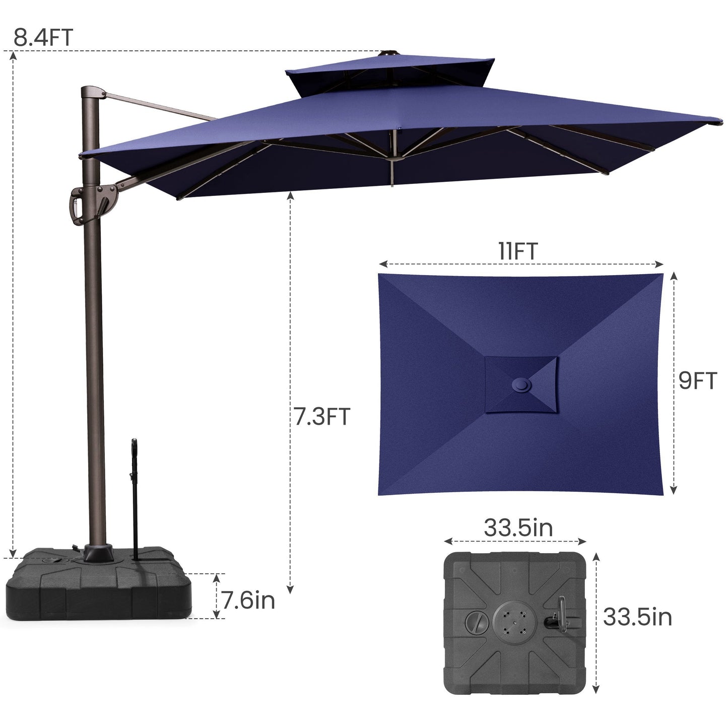 Size guide for Crestlive 11x9 ft navy blue cantilever patio umbrella with wheeled base showing 8.4ft total height