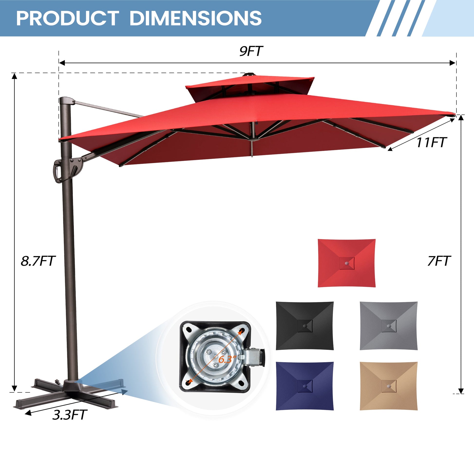 Size guide for Crestlive 11x9 ft red cross base cantilever umbrella showing 8.7ft height and 6.3 inch hole distance