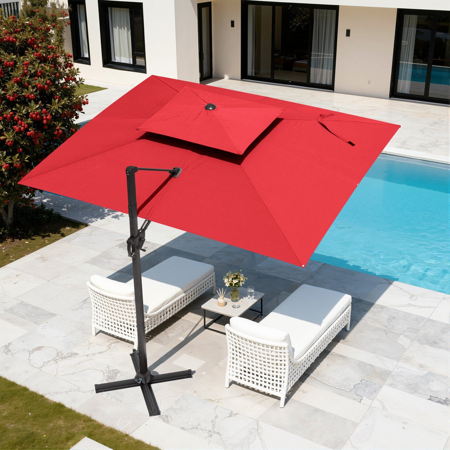 High-angle view of Crestlive 11x9 ft red rectangular cantilever umbrella with cross base shading poolside lounge