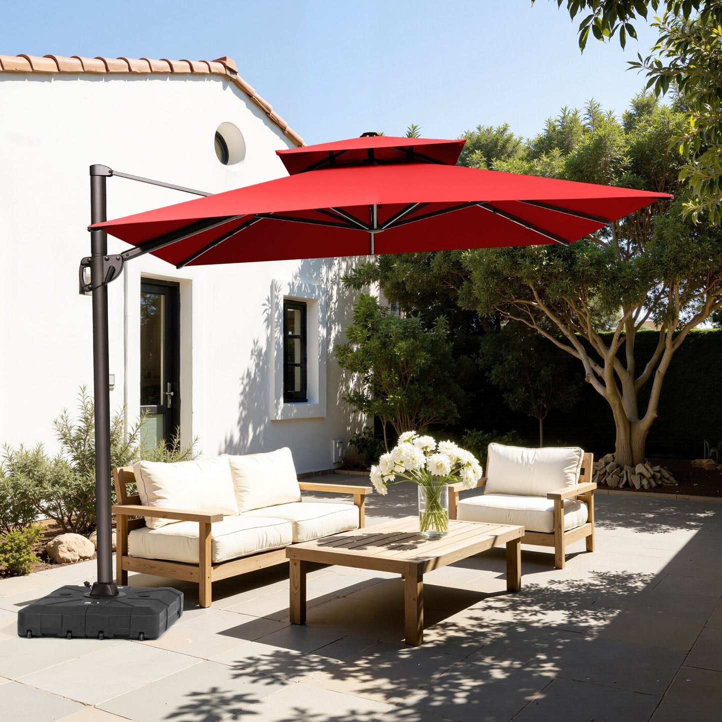 Crestlive 13x10 ft red rectangular cantilever patio umbrella with LED lights shading a wooden conversation sofa set