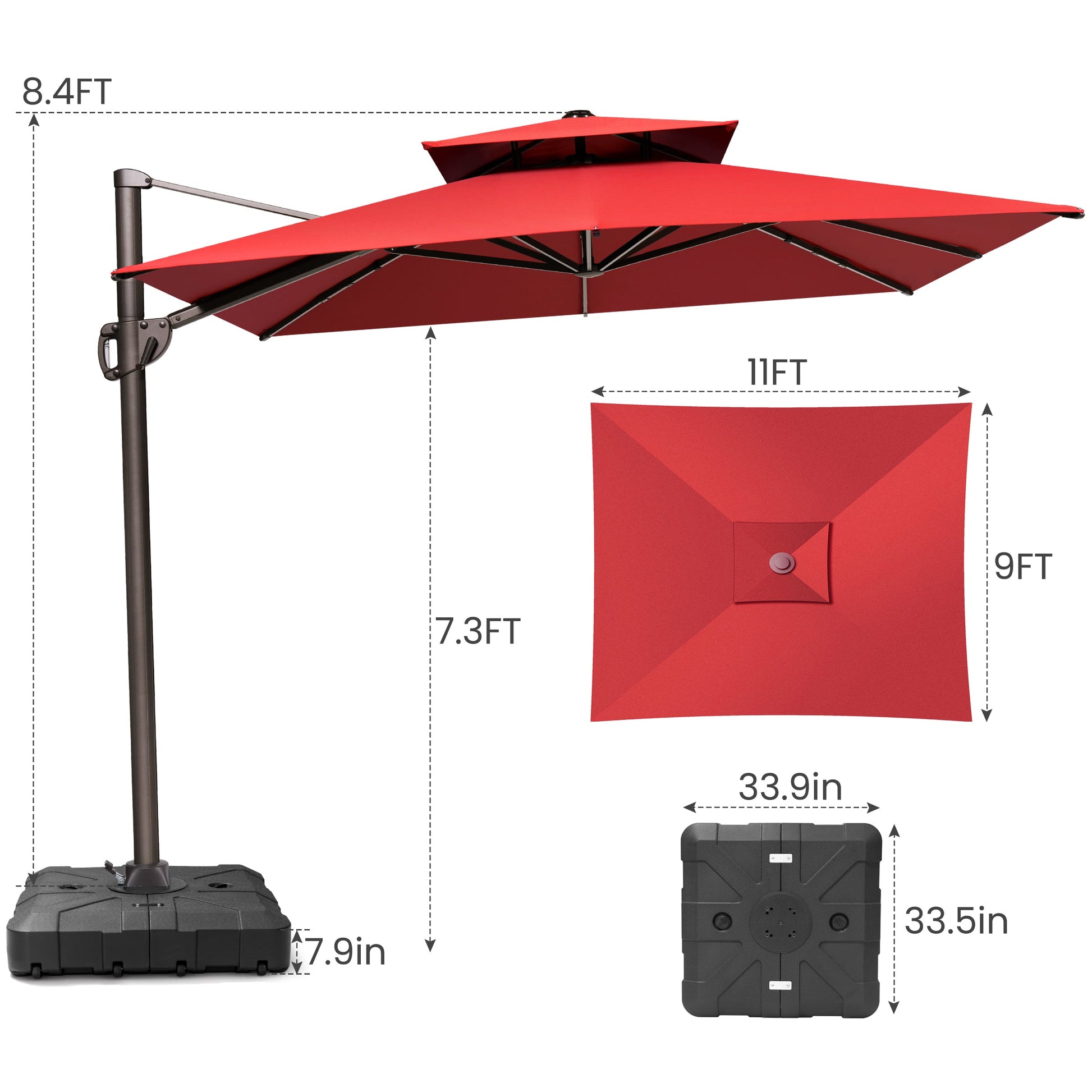 Size guide for Crestlive 11x9 ft red cantilever patio umbrella showing 8.4ft total height and heavy-duty base dimensions