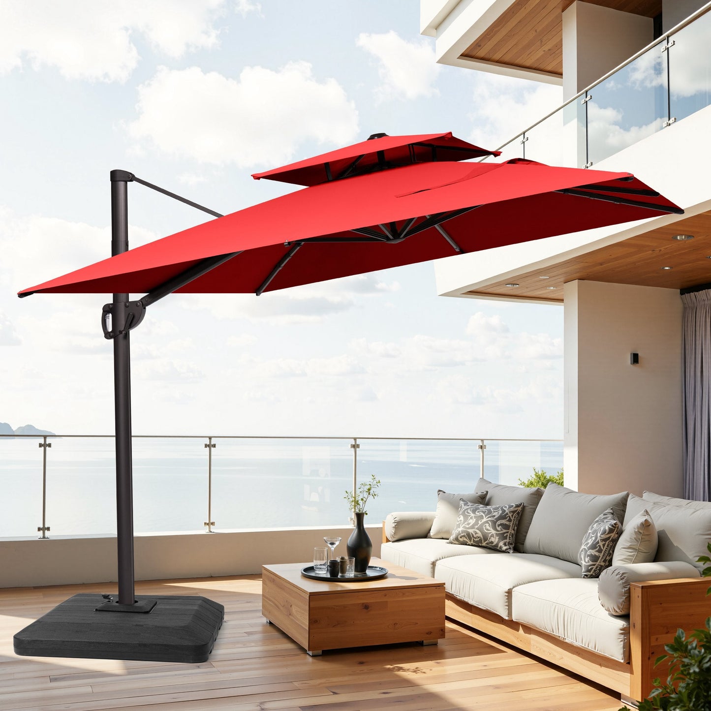 Crestlive 11x9 ft red rectangular cantilever patio umbrella with heavy-duty base shading a modern sectional sofa set
