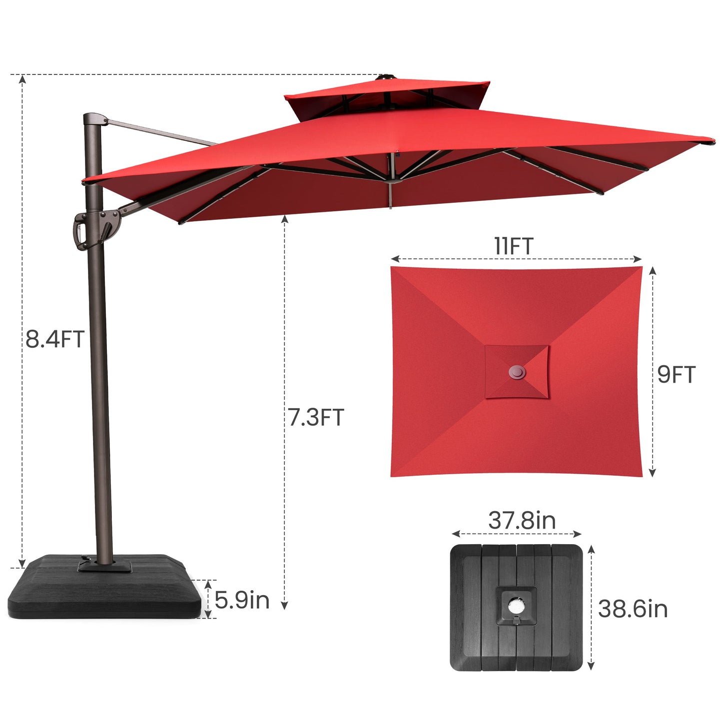 Size guide for Crestlive 11x9 ft red cantilever patio umbrella showing 8.4ft total height and 7.3ft canopy clearance