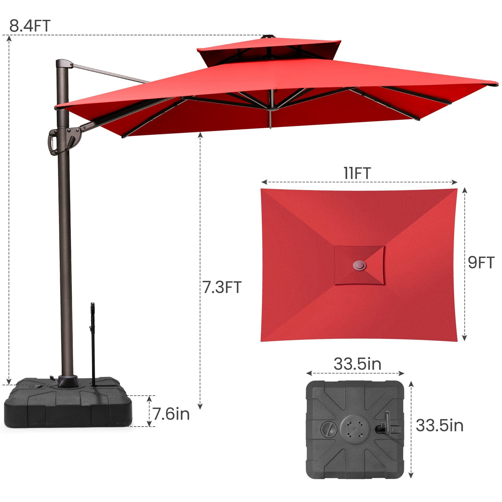 Size guide for Crestlive 11x9 ft red cantilever patio umbrella with wheeled base showing 8.4ft total height