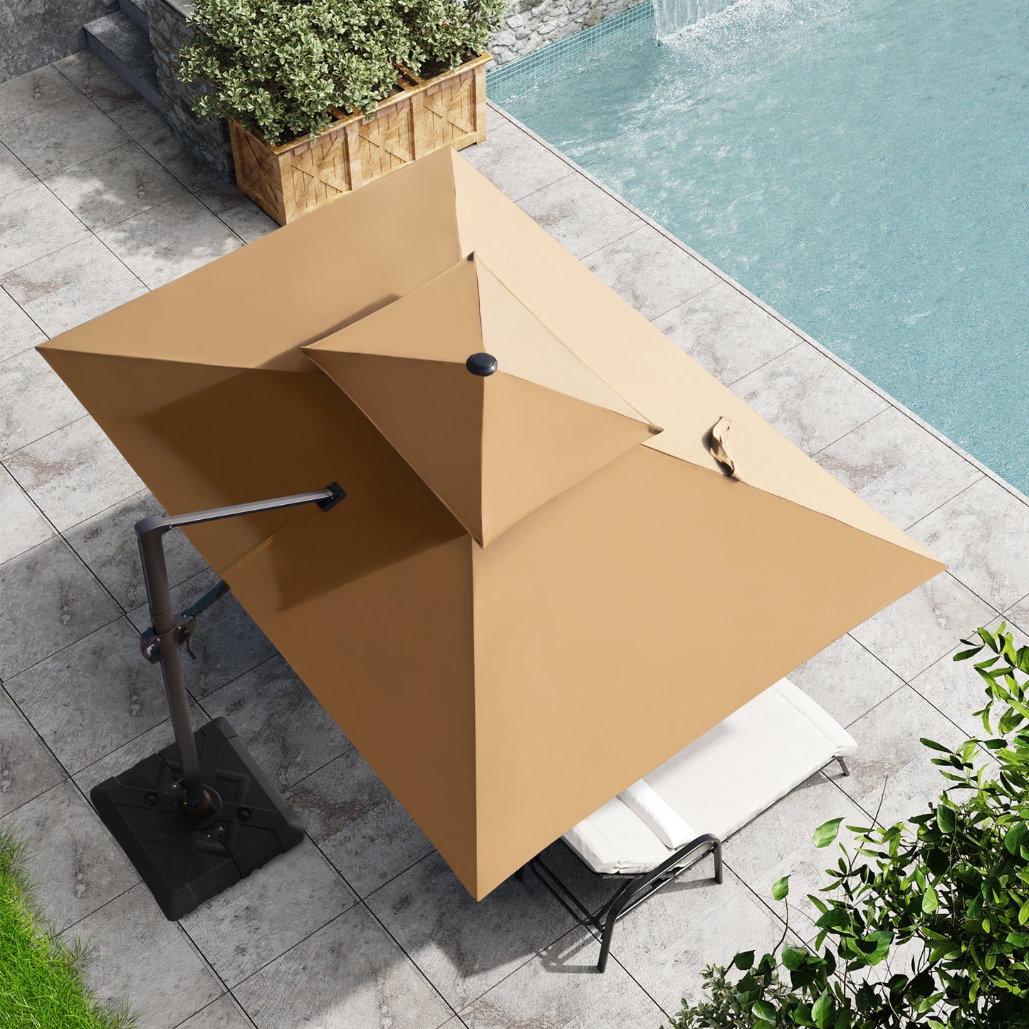 Top-down view of Crestlive beige rectangular cantilever umbrella shading a poolside chaise lounge chair
