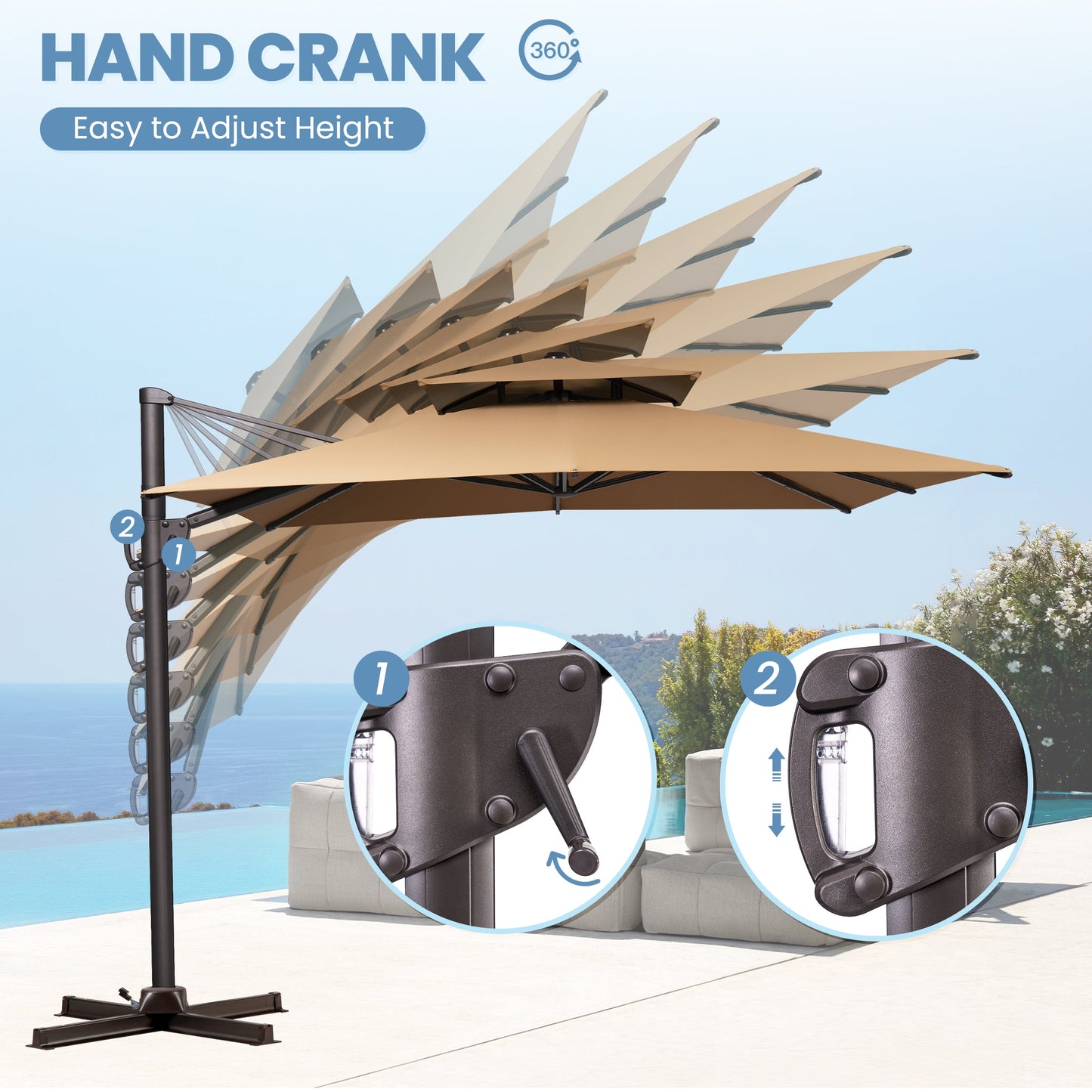 Crestlive beige cantilever umbrella demonstrating adjustable tilt angles using the hand crank and glide handle