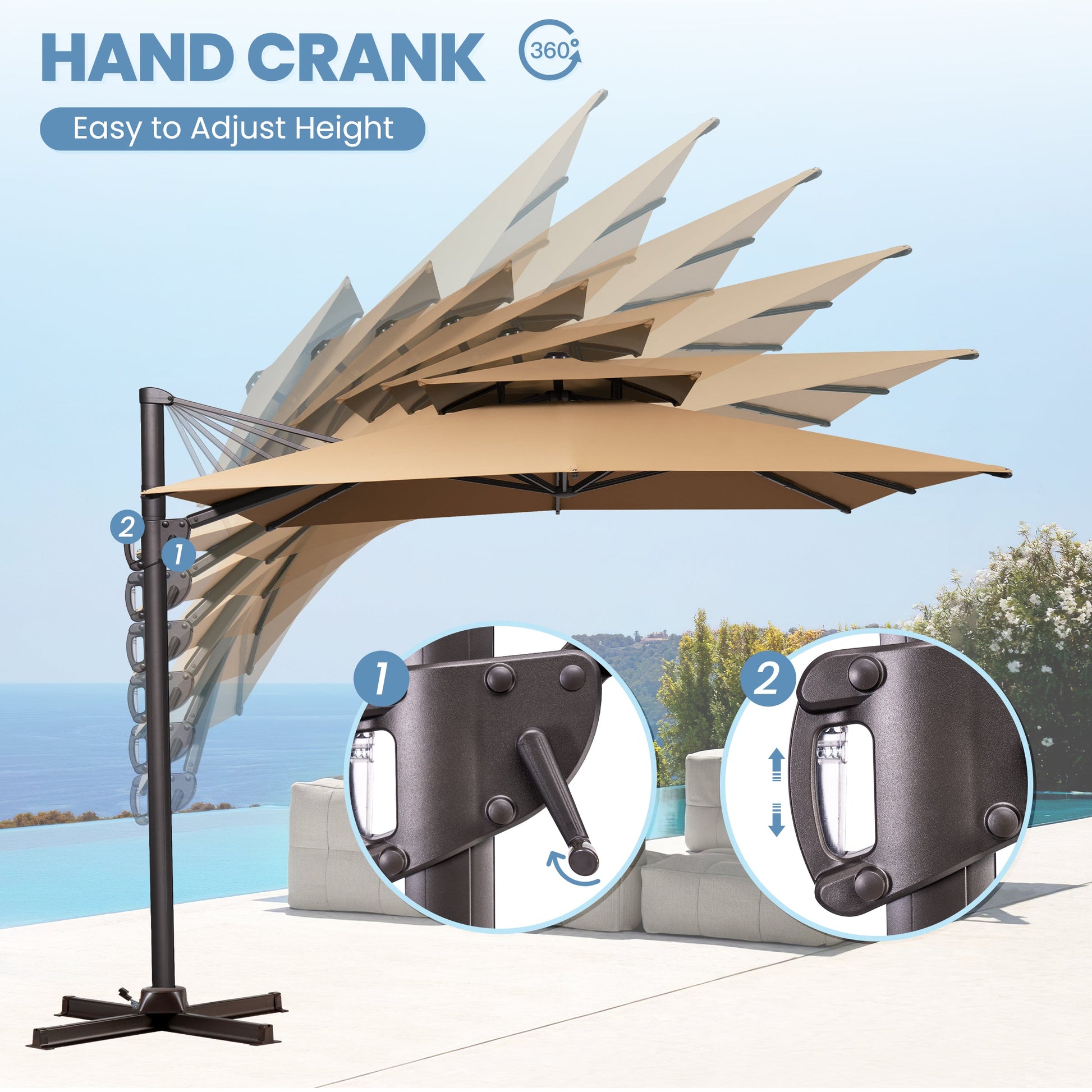 Crestlive beige cantilever umbrella demonstrating adjustable tilt angles using the hand crank and glide handle