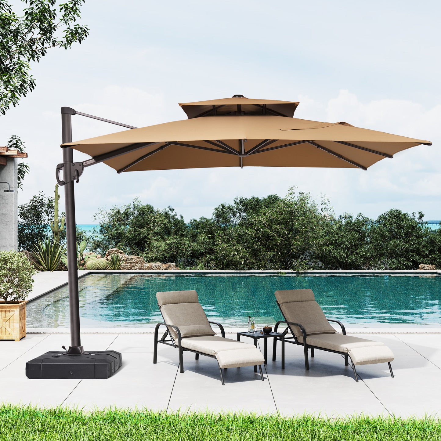 Crestlive beige rectangular cantilever umbrella with heavy-duty base shading poolside chaise lounge chairs