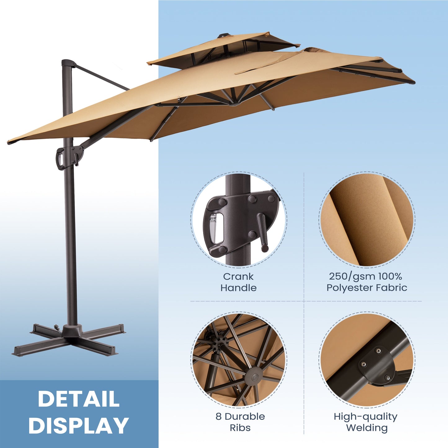 Features of Crestlive beige cantilever umbrella detailing the crank handle, 250gsm polyester fabric, and 8 durable ribs