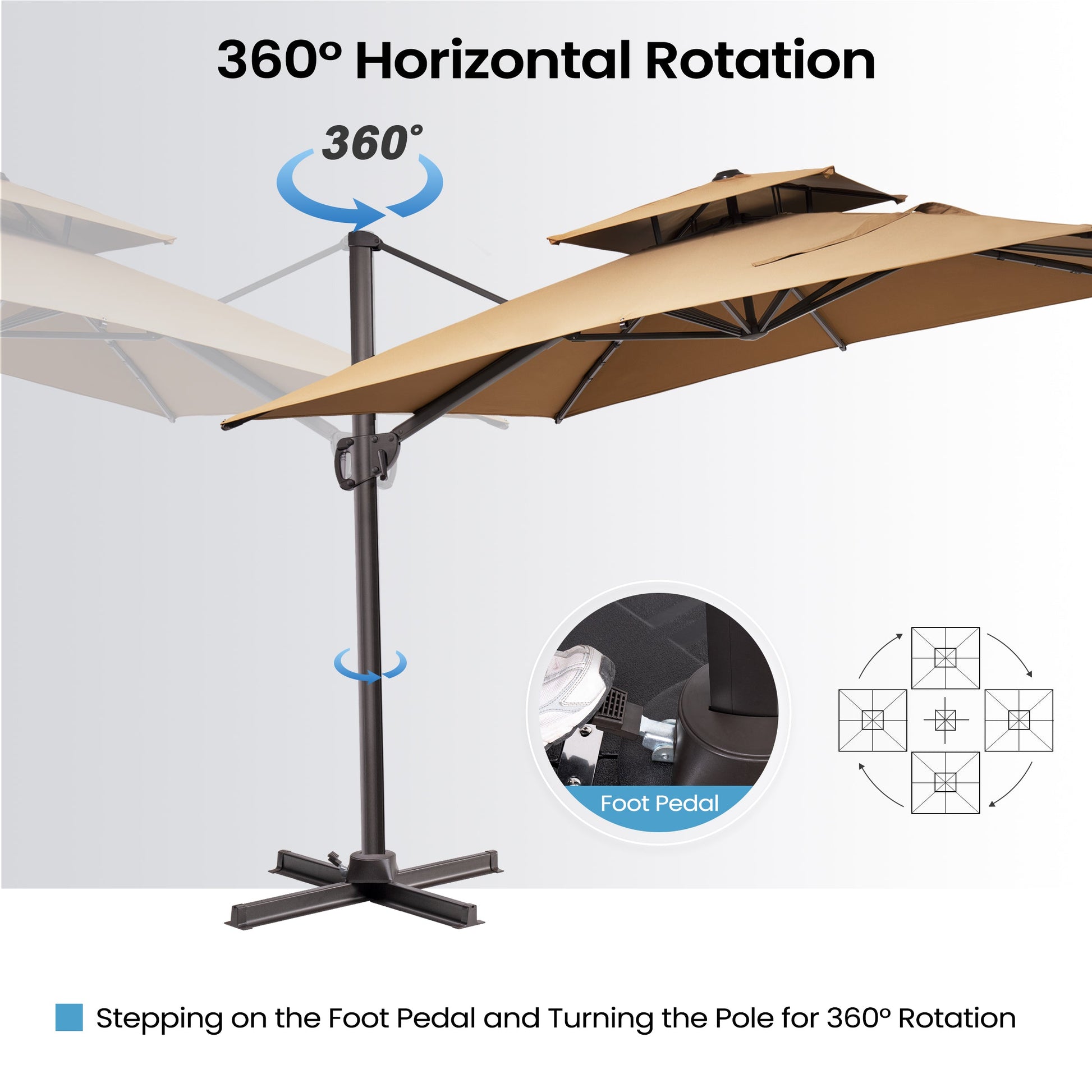 Crestlive beige cantilever patio umbrella demonstrating 360 degree horizontal rotation with foot pedal control