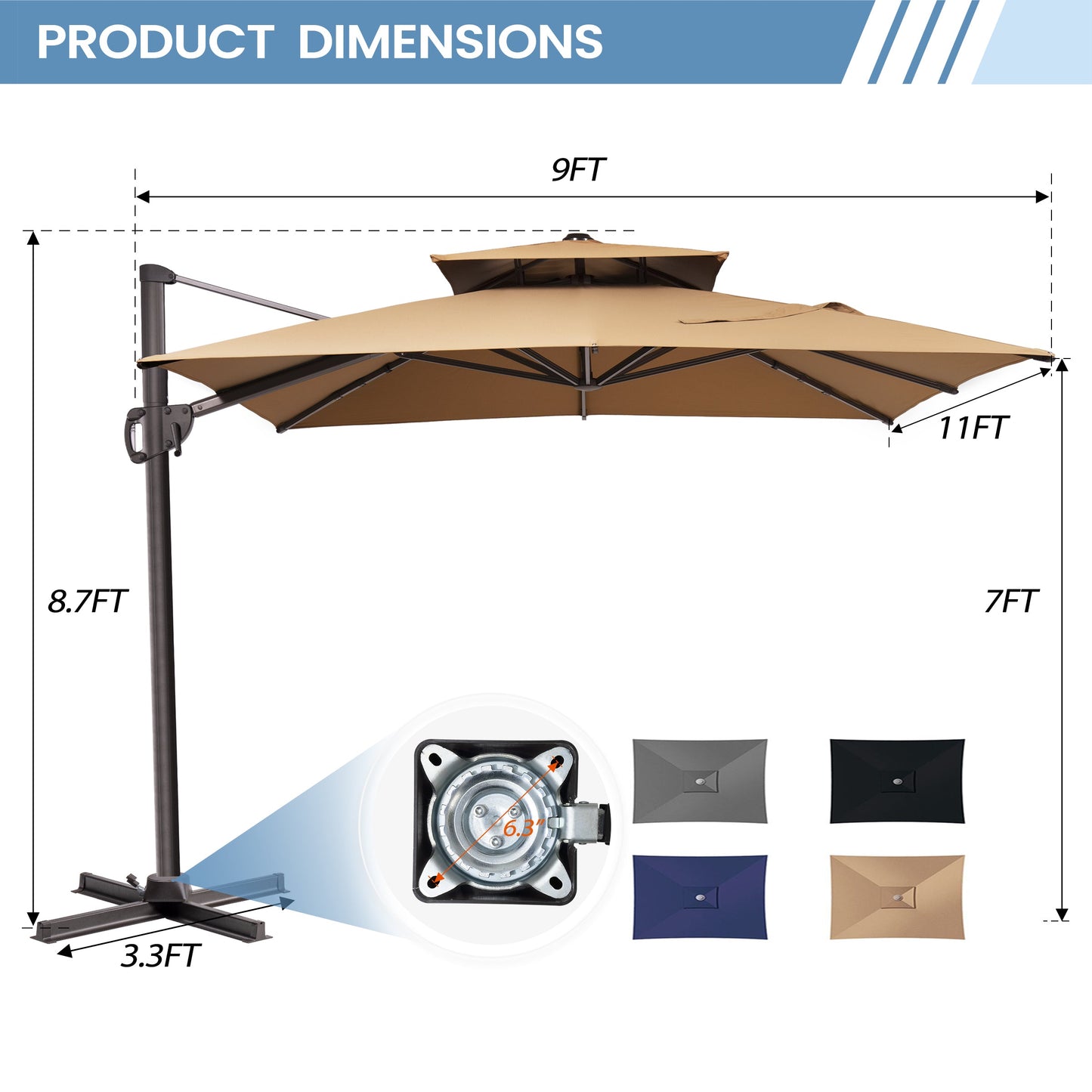 Size guide for Crestlive 11x9 ft beige cross base cantilever umbrella showing 8.7ft height and 6.3 inch hole distance