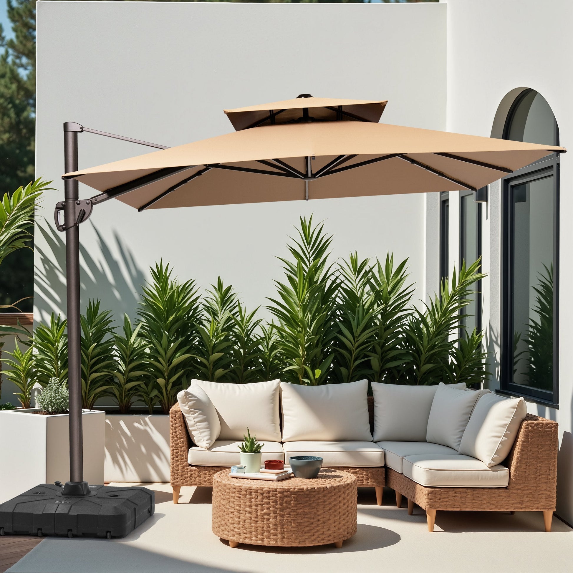 Crestlive beige cantilever umbrella with heavy-duty base shading an outdoor wicker sectional sofa set on a patio