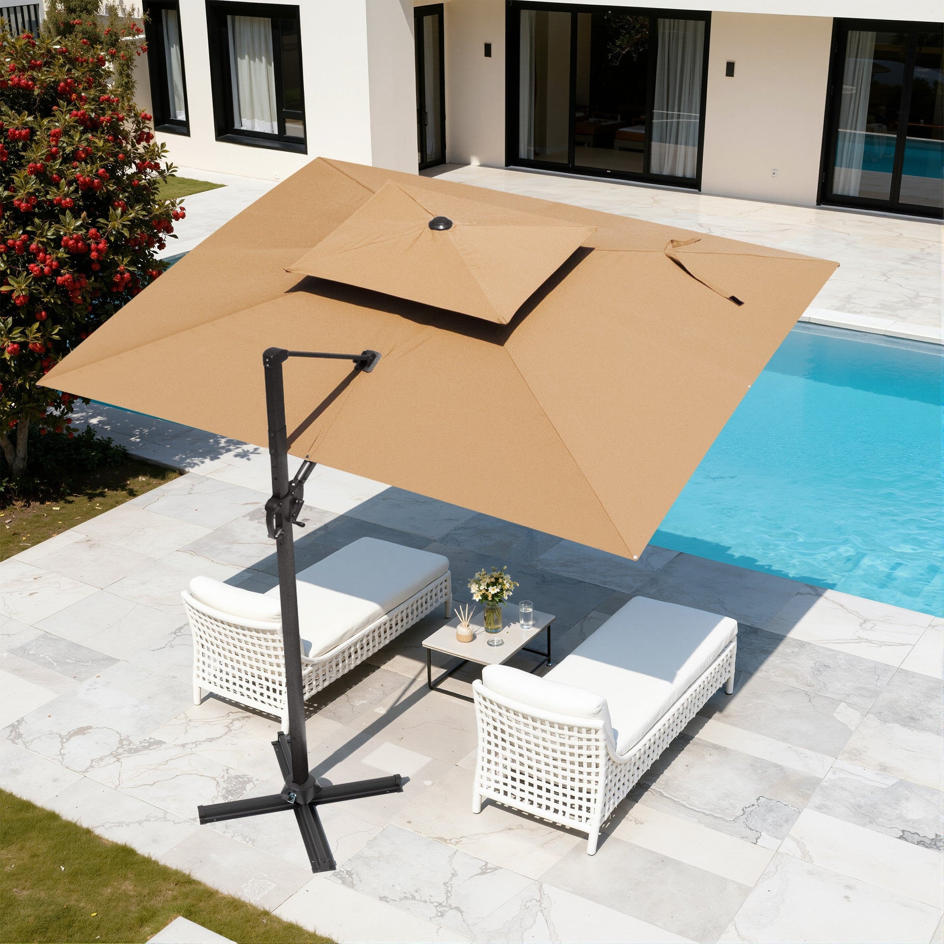 Crestlive 11x9 ft beige rectangular cantilever umbrella with cross base shading poolside wicker chaise lounge chairs