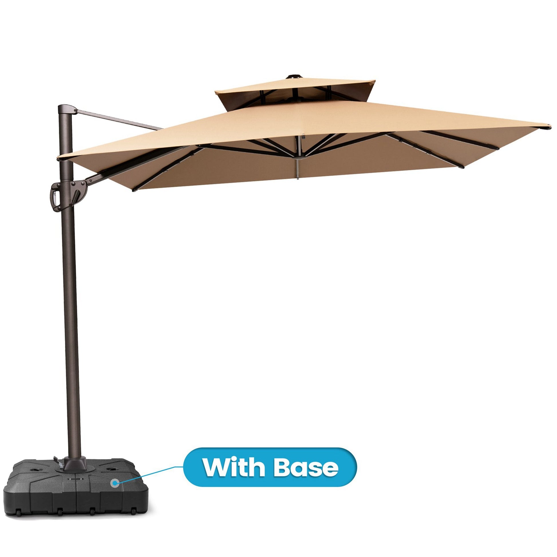 Crestlive 13x10 ft beige rectangular cantilever patio umbrella with LED lights, double top, and heavy-duty base