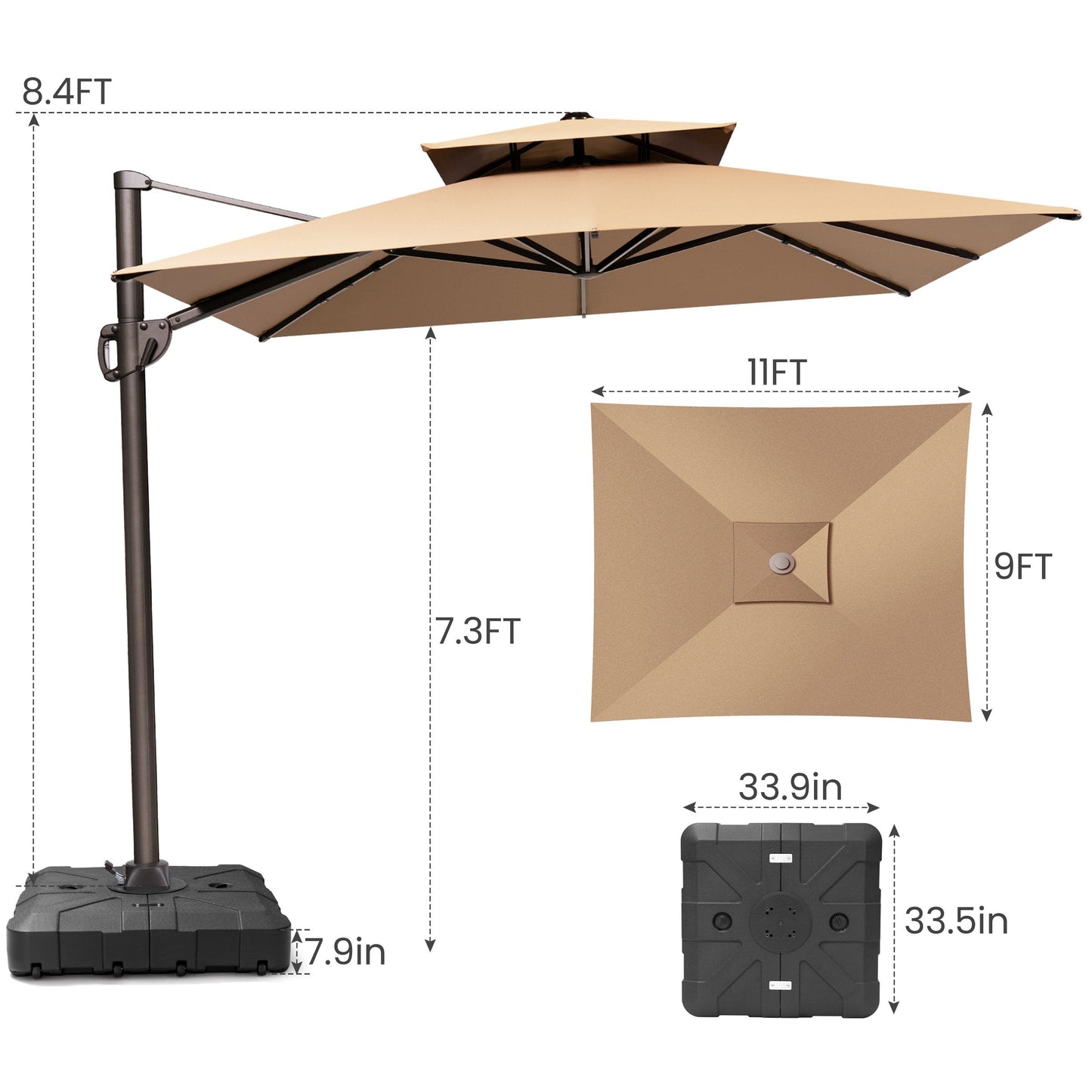 Size guide for Crestlive 11x9 ft beige cantilever patio umbrella showing 8.4ft total height and heavy-duty base dimensions