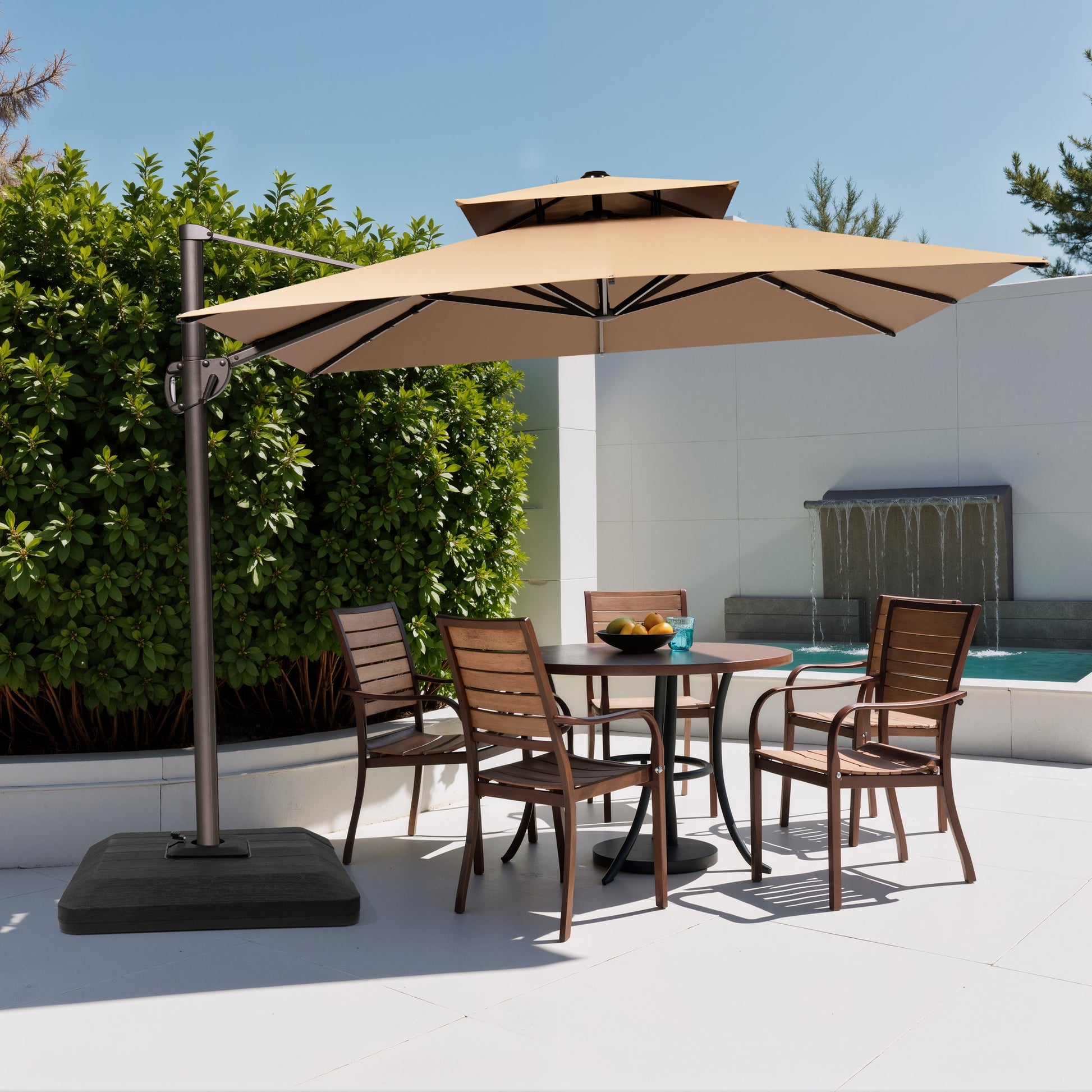 Crestlive 11x9 ft beige rectangular cantilever patio umbrella with heavy-duty base shading an outdoor dining table set