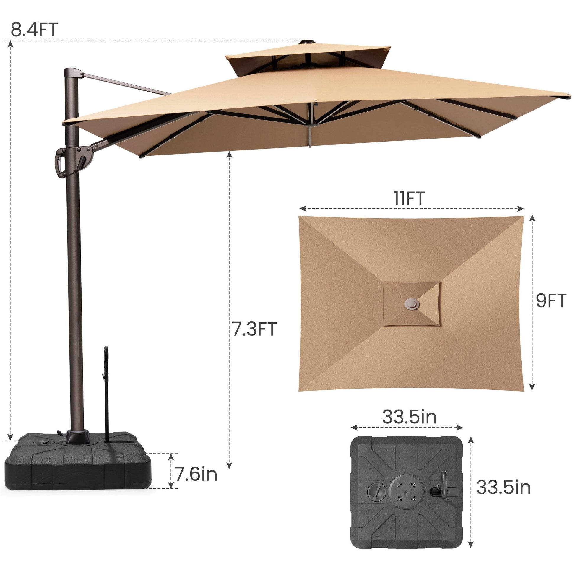 Size guide for Crestlive 11x9 ft beige cantilever patio umbrella with wheeled base showing 8.4ft total height