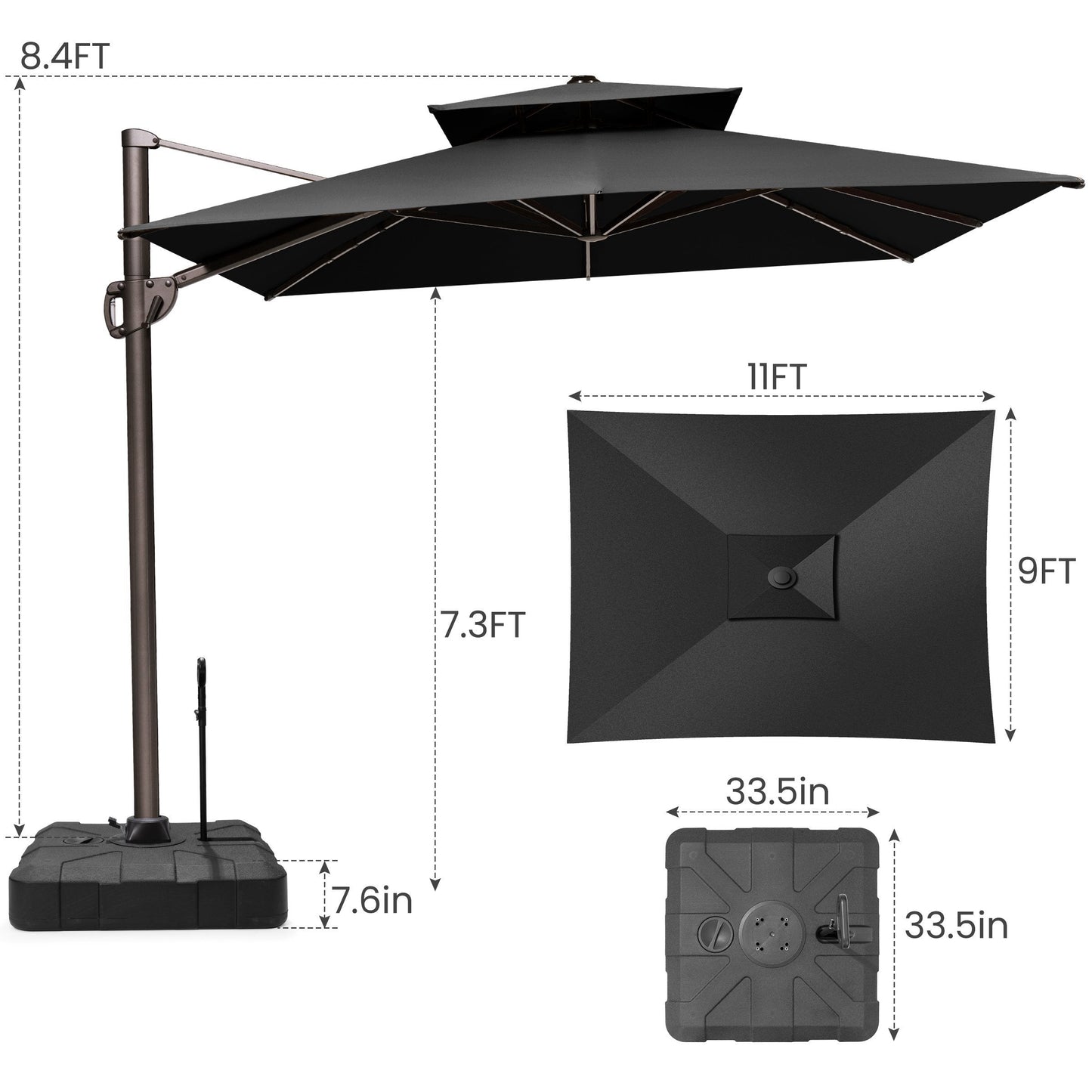 Size guide for Crestlive 11x9 ft black cantilever patio umbrella with wheeled base showing 8.4ft total height