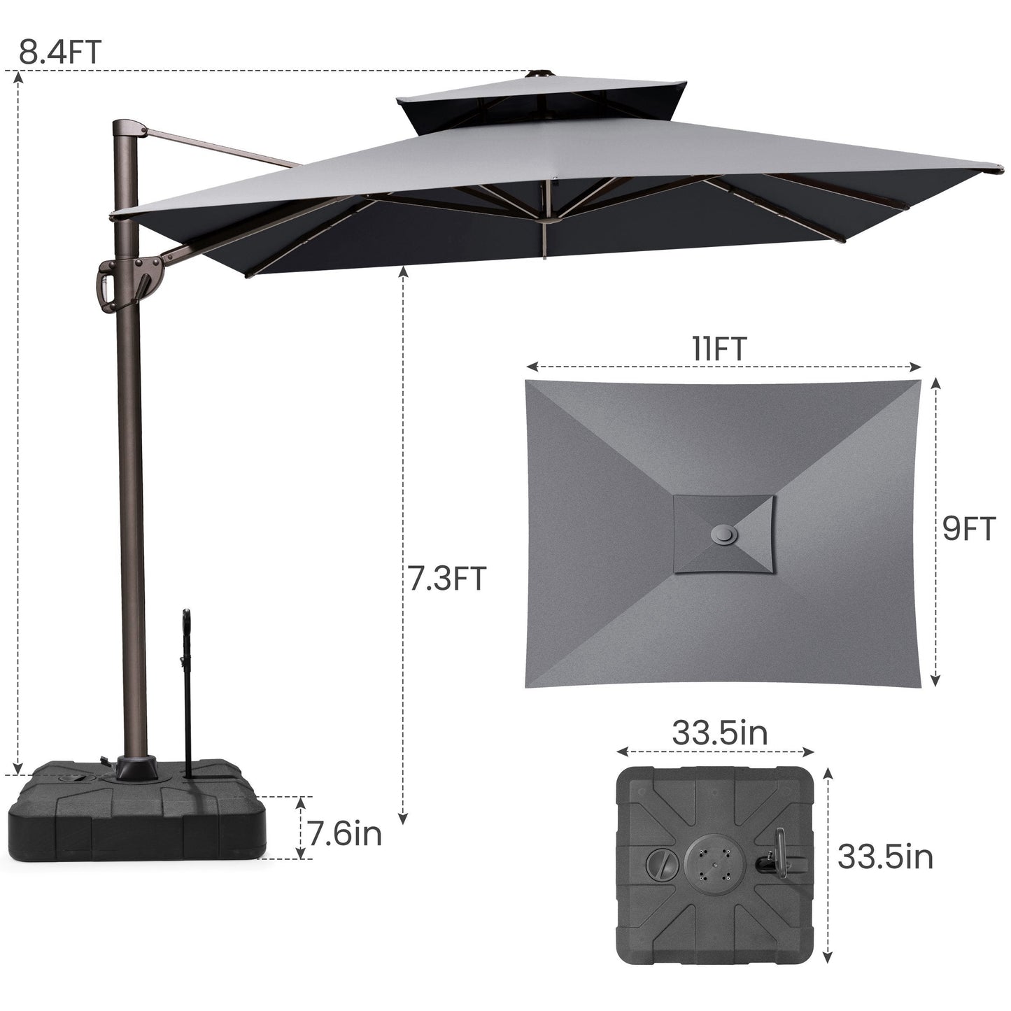 Size guide for Crestlive 11x9 ft grey cantilever patio umbrella with wheeled base showing 8.4ft total height