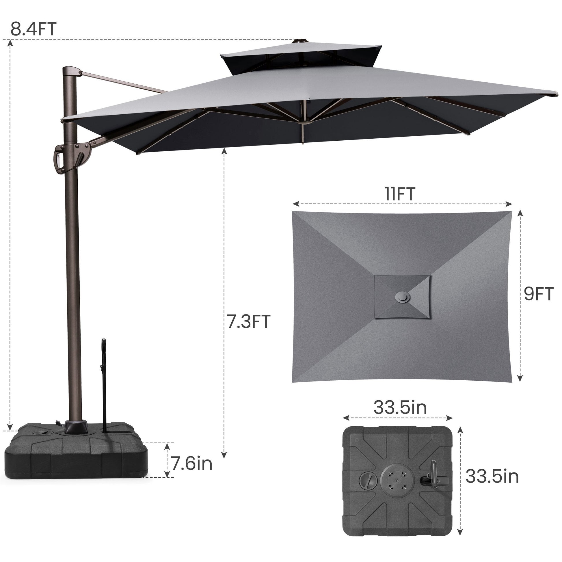 Size guide for Crestlive 11x9 ft grey cantilever patio umbrella with wheeled base showing 8.4ft total height