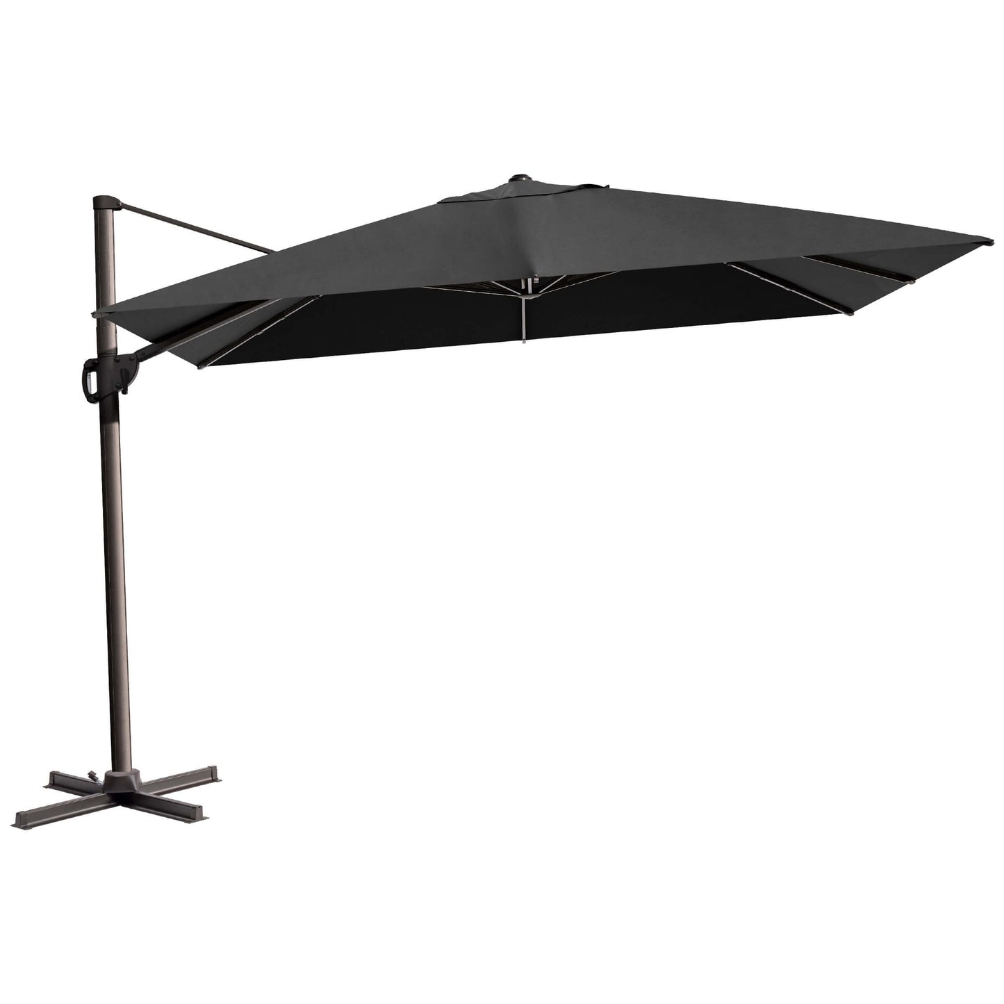 Black rectangular cantilever umbrella with cross base.