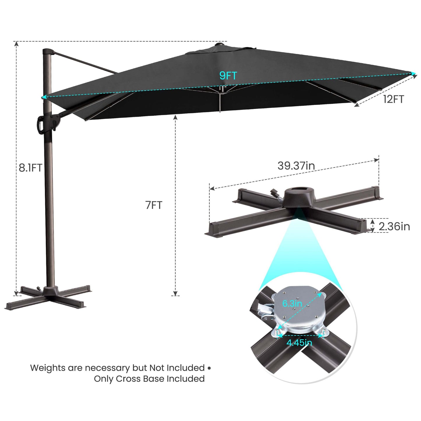 9x12 FT black rectangular cantilever umbrella & cross base dimensions.