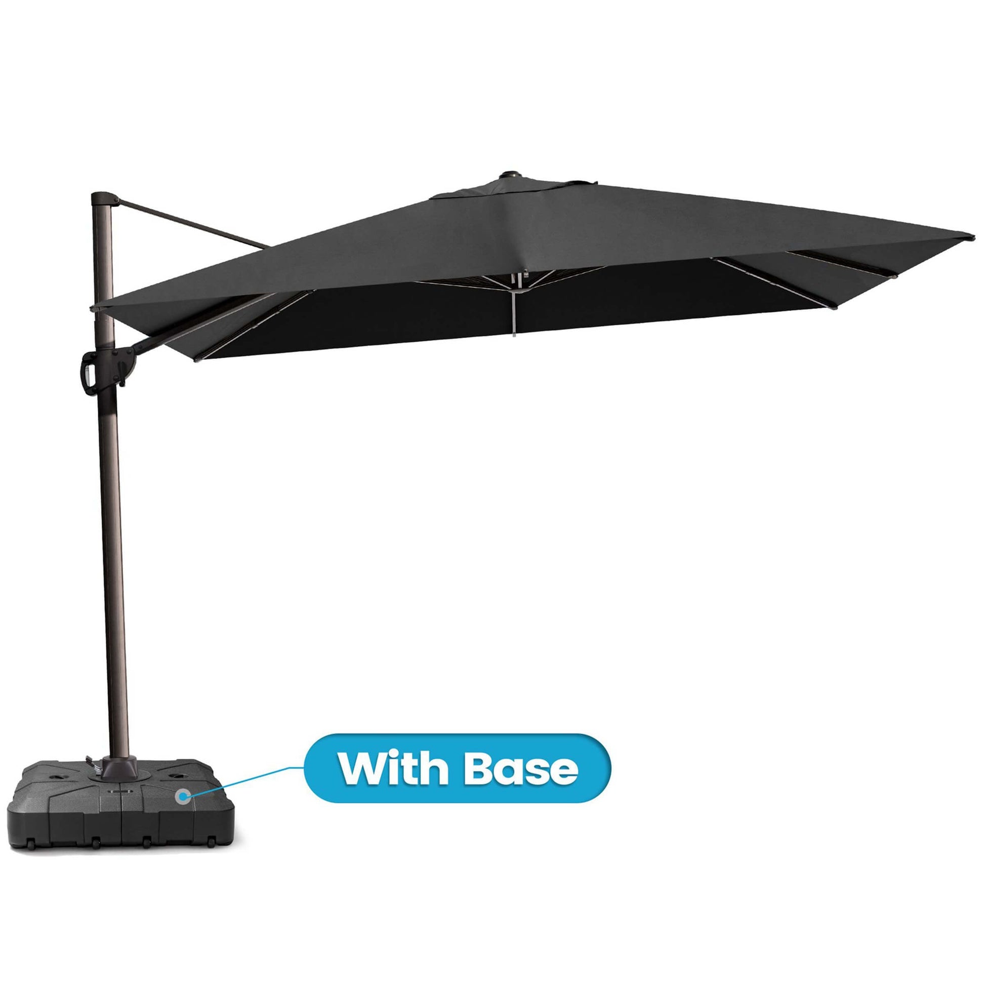 Black rectangular cantilever umbrella with wheeled base.