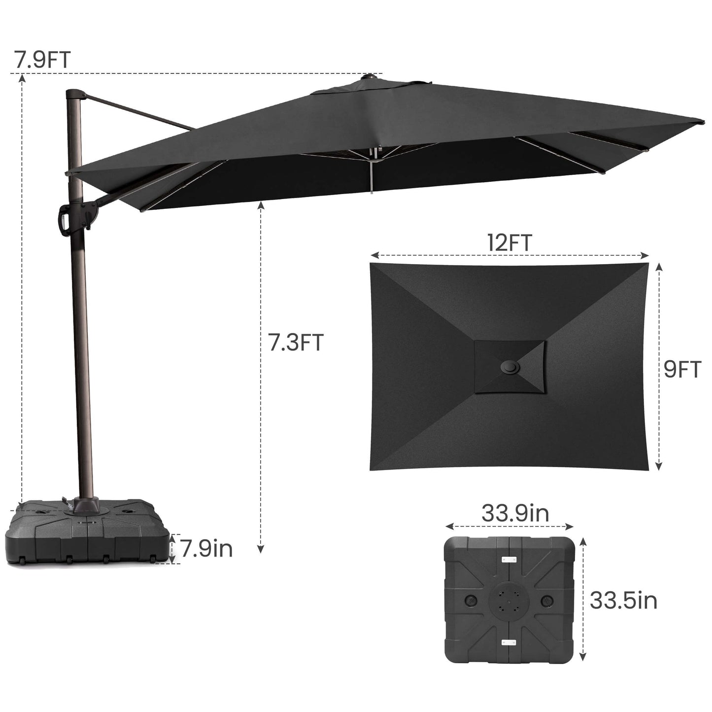 12x9 FT black rectangular cantilever umbrella & wheeled base dimensions.