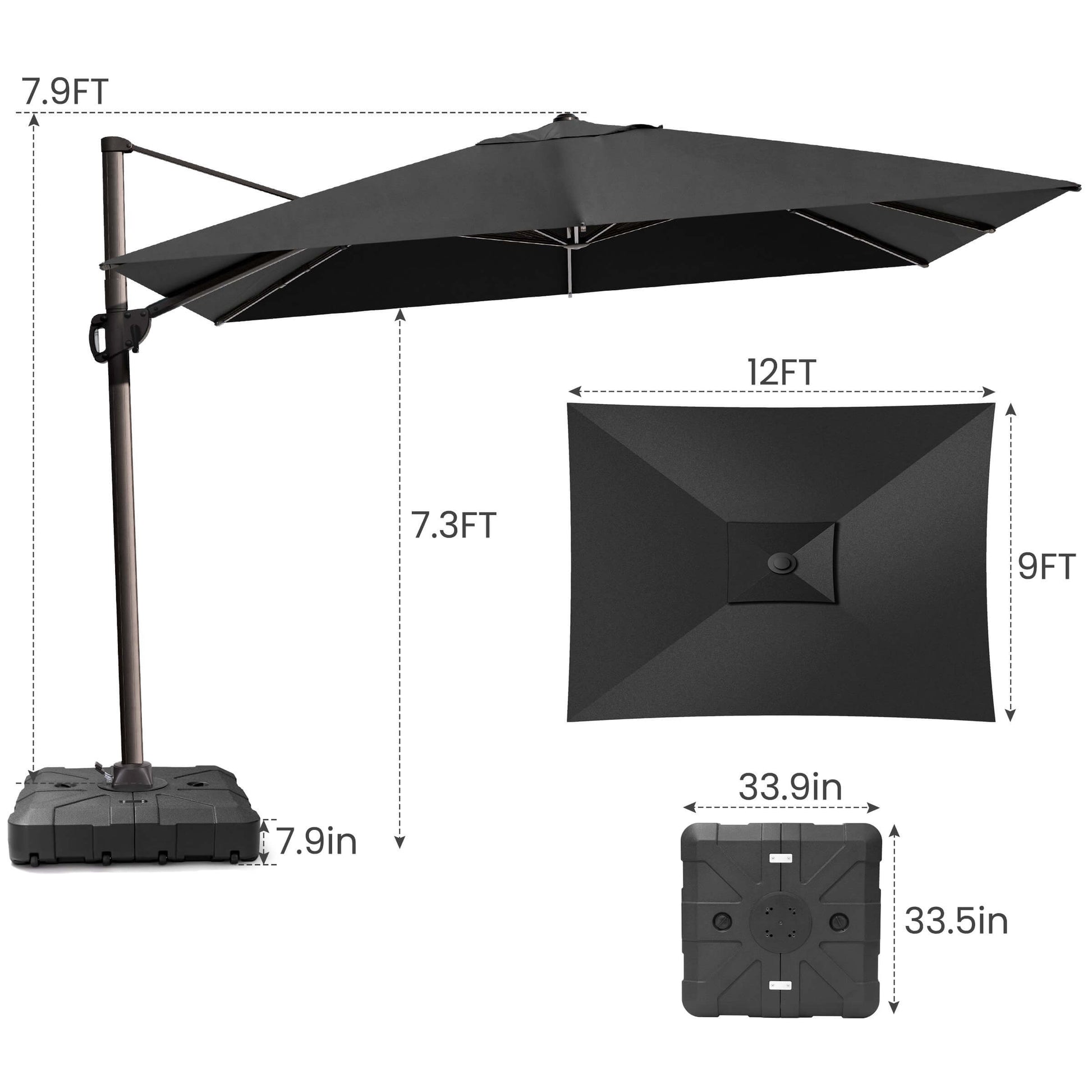 12x9 FT black rectangular cantilever umbrella & wheeled base dimensions.