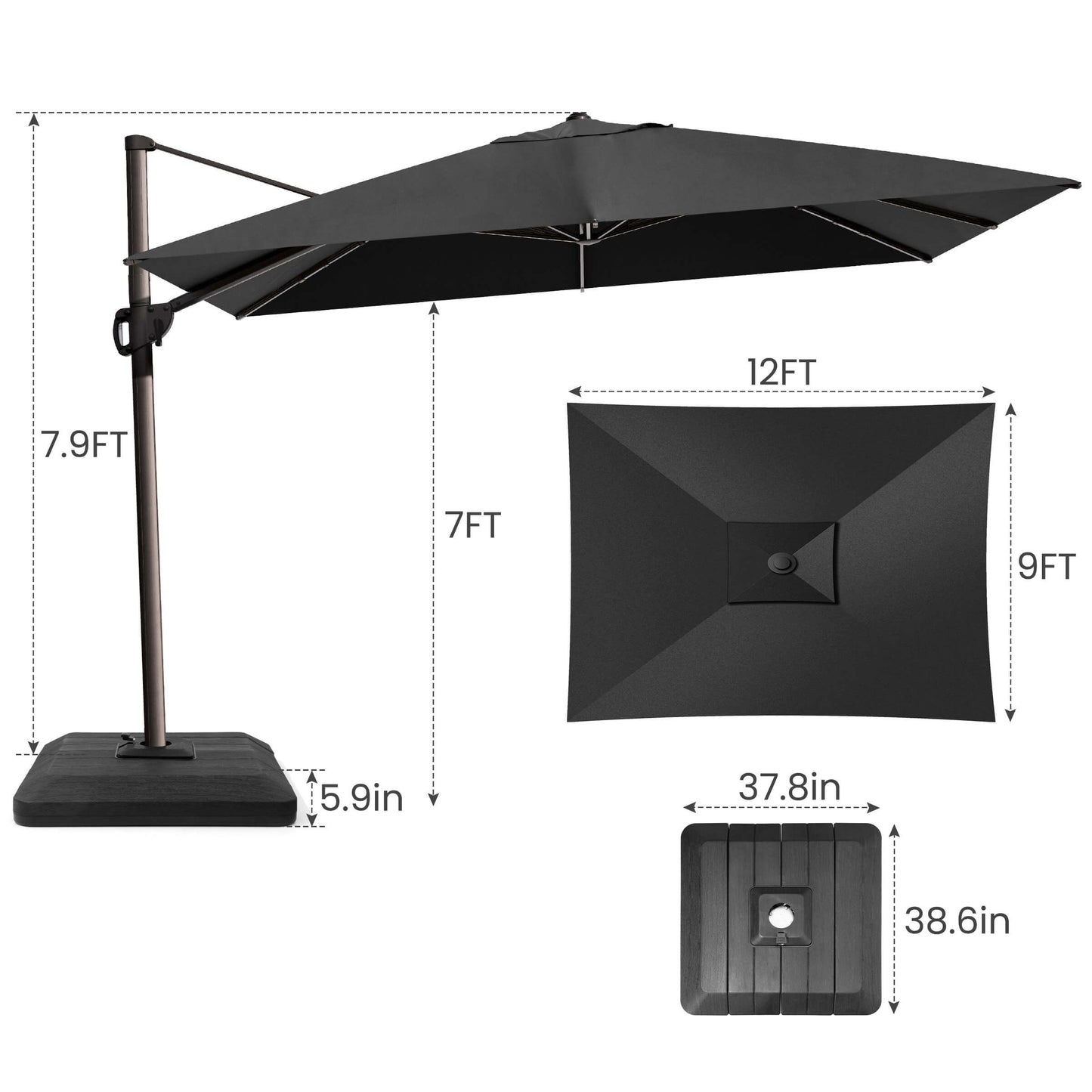 12x9 FT black rectangular cantilever umbrella & weighted base dimensions.