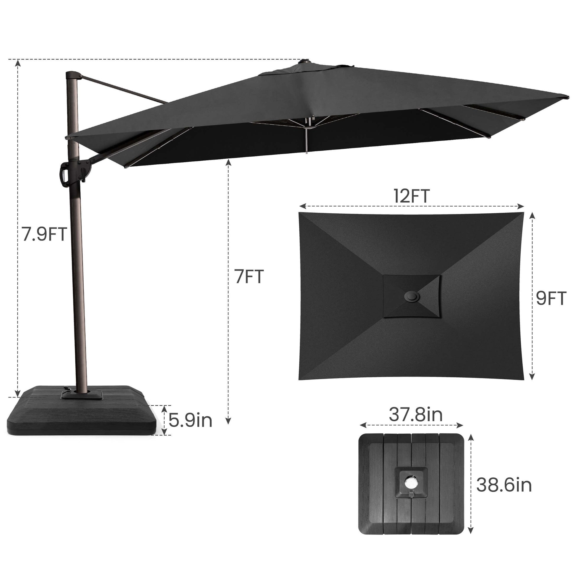 12x9 FT black rectangular cantilever umbrella & weighted base dimensions.
