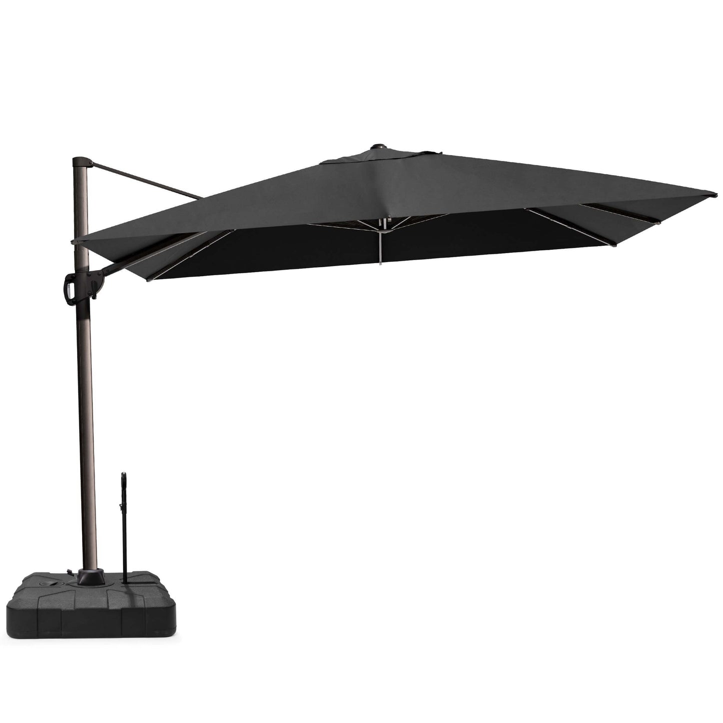 Black rectangular cantilever umbrella with pull-rod base.