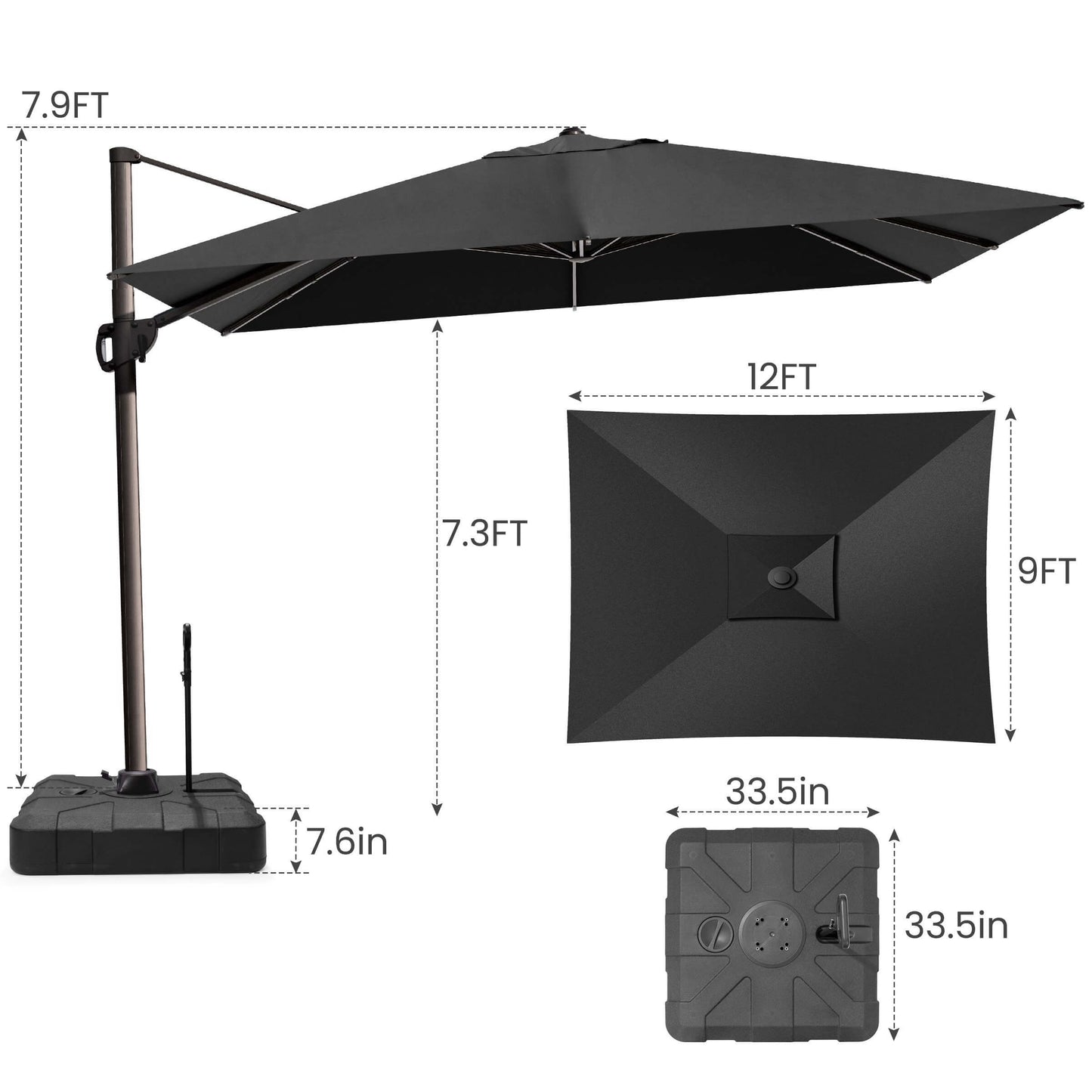 12x9 FT black rectangular cantilever umbrella & pull-rod base dimensions.