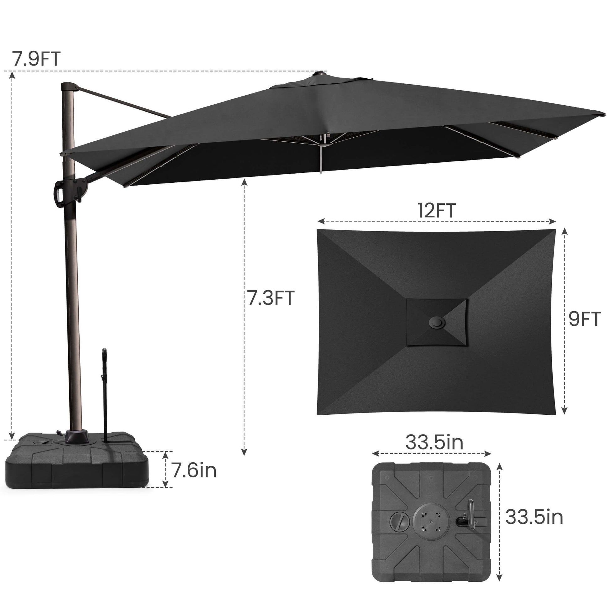12x9 FT black rectangular cantilever umbrella & pull-rod base dimensions.
