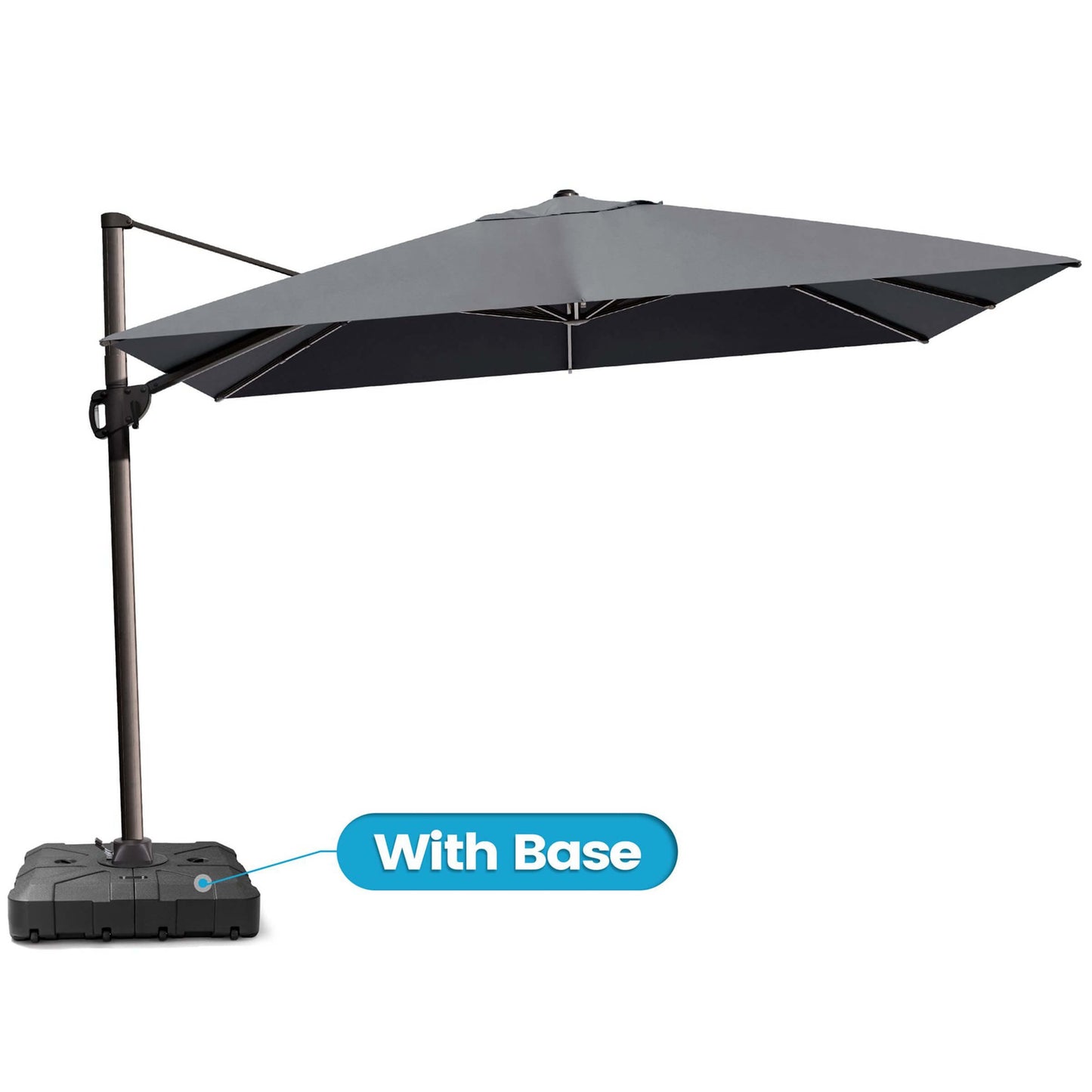 Grey rectangular cantilever umbrella with wheeled base.