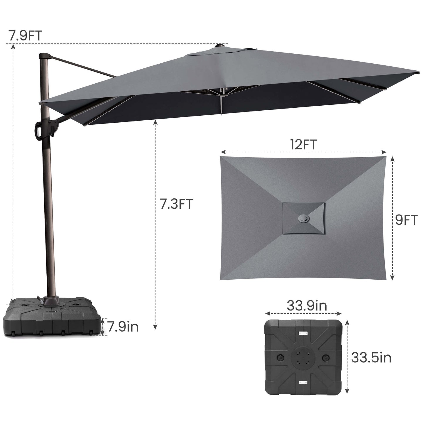 12x9 FT grey rectangular cantilever umbrella & wheeled base dimensions.