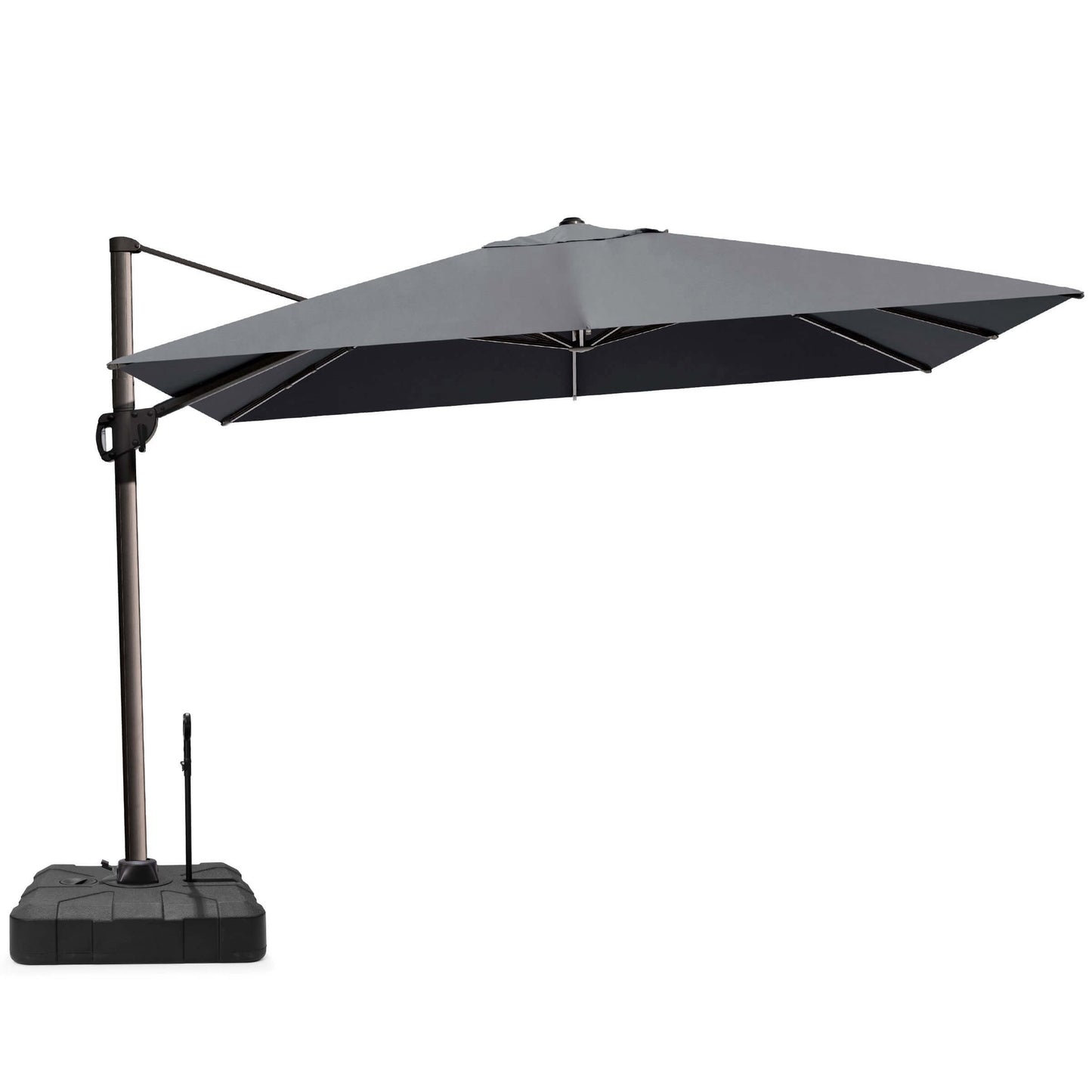 Grey rectangular cantilever umbrella with pull-rod base.