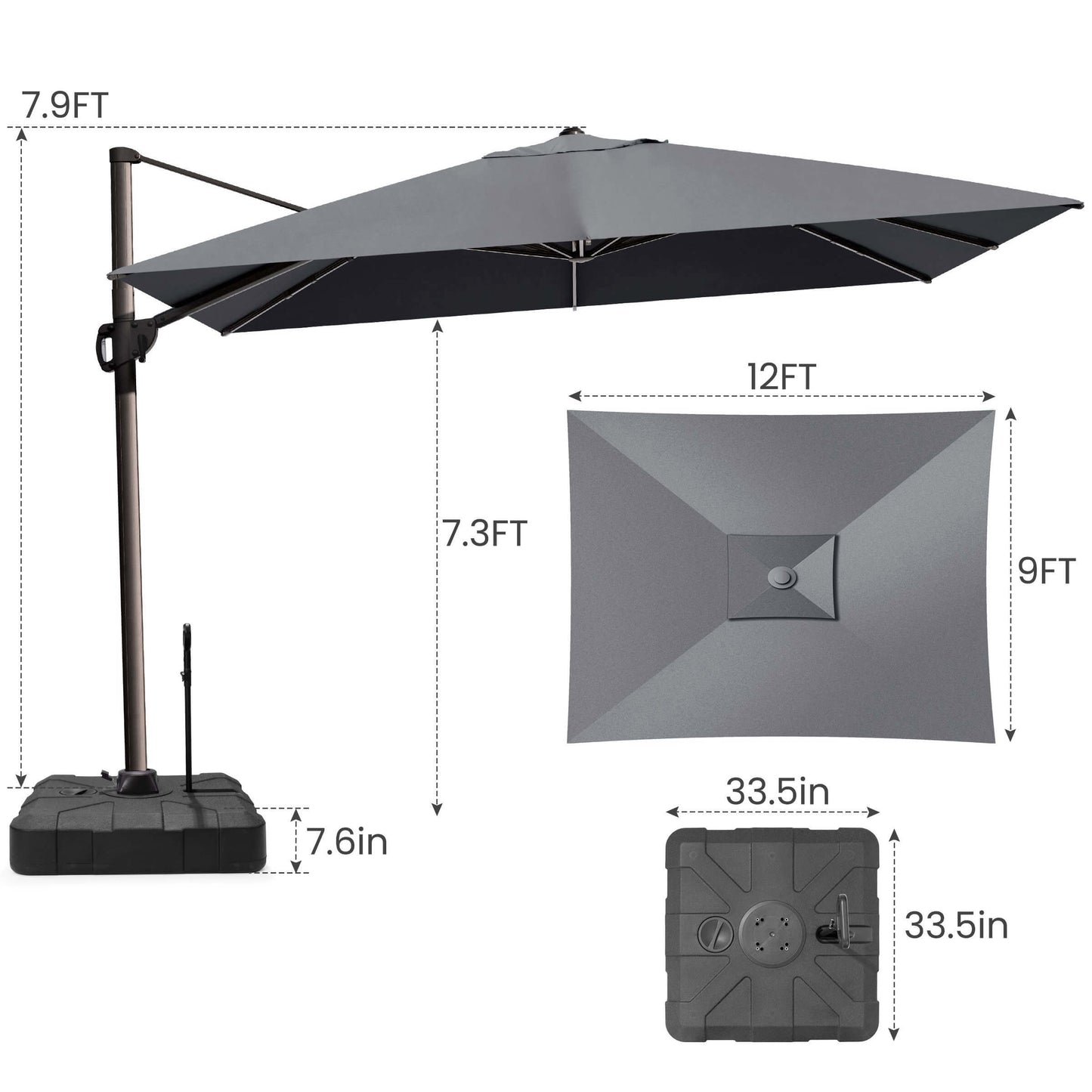 12x9 FT grey rectangular cantilever umbrella & pull-rod base dimensions.