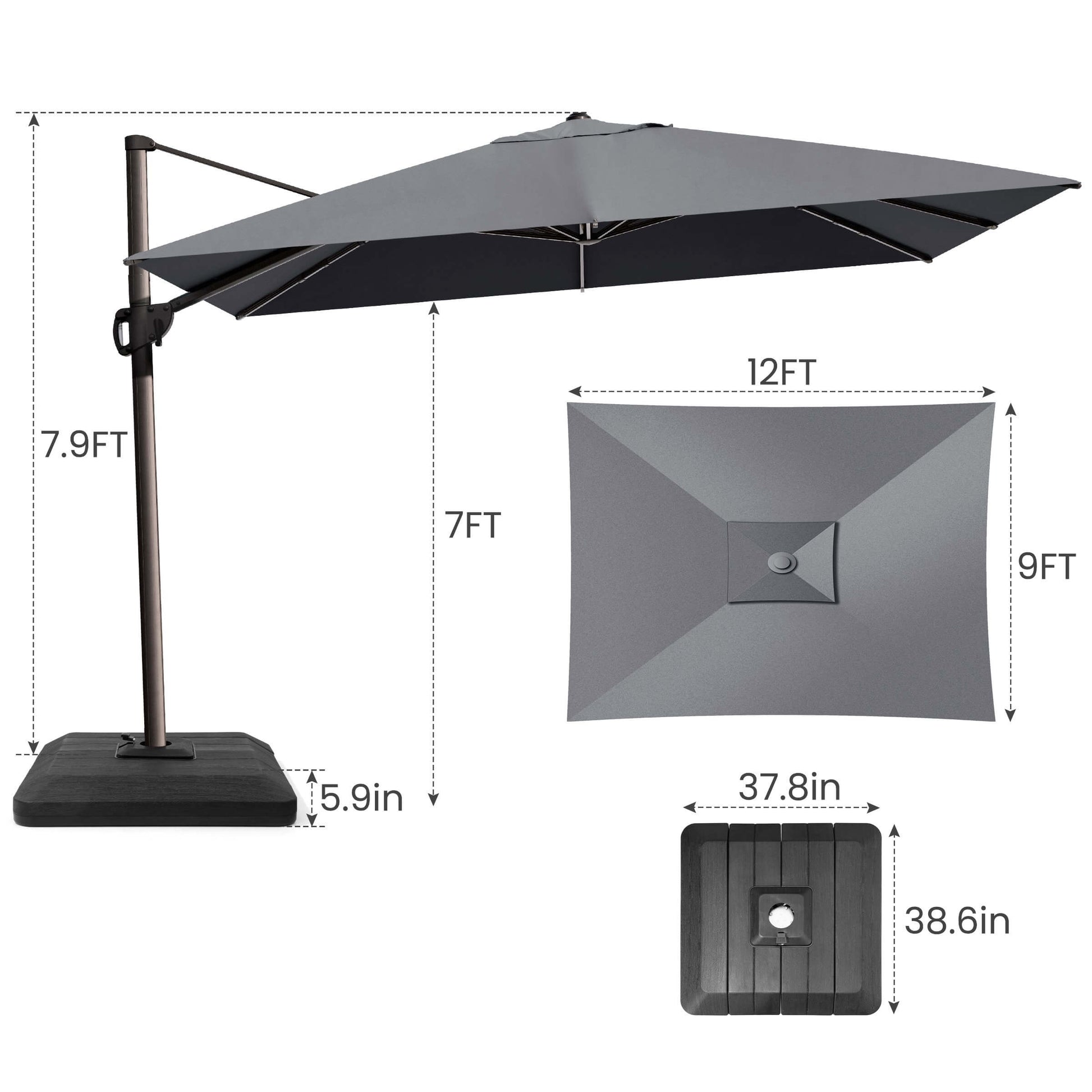 12x9 FT grey rectangular cantilever umbrella & weighted base dimensions.