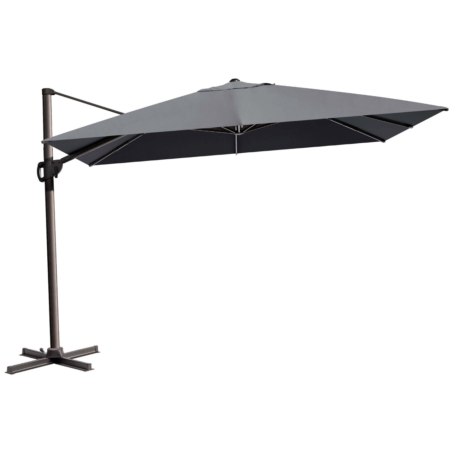Grey rectangular cantilever umbrella with cross base.