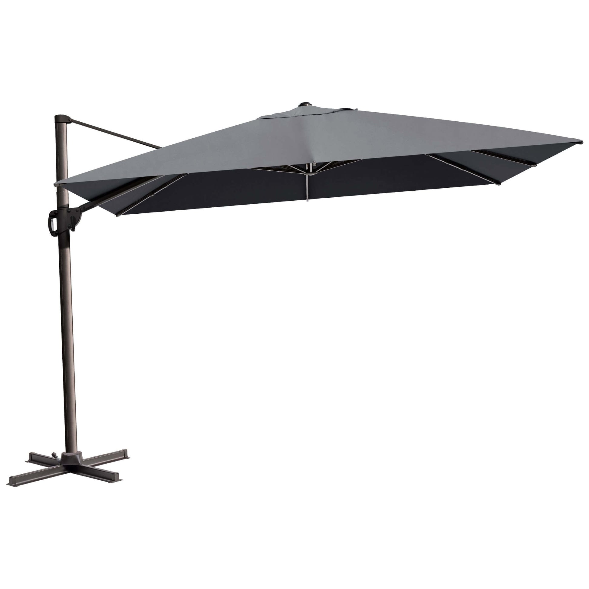 Grey rectangular cantilever umbrella with cross base.