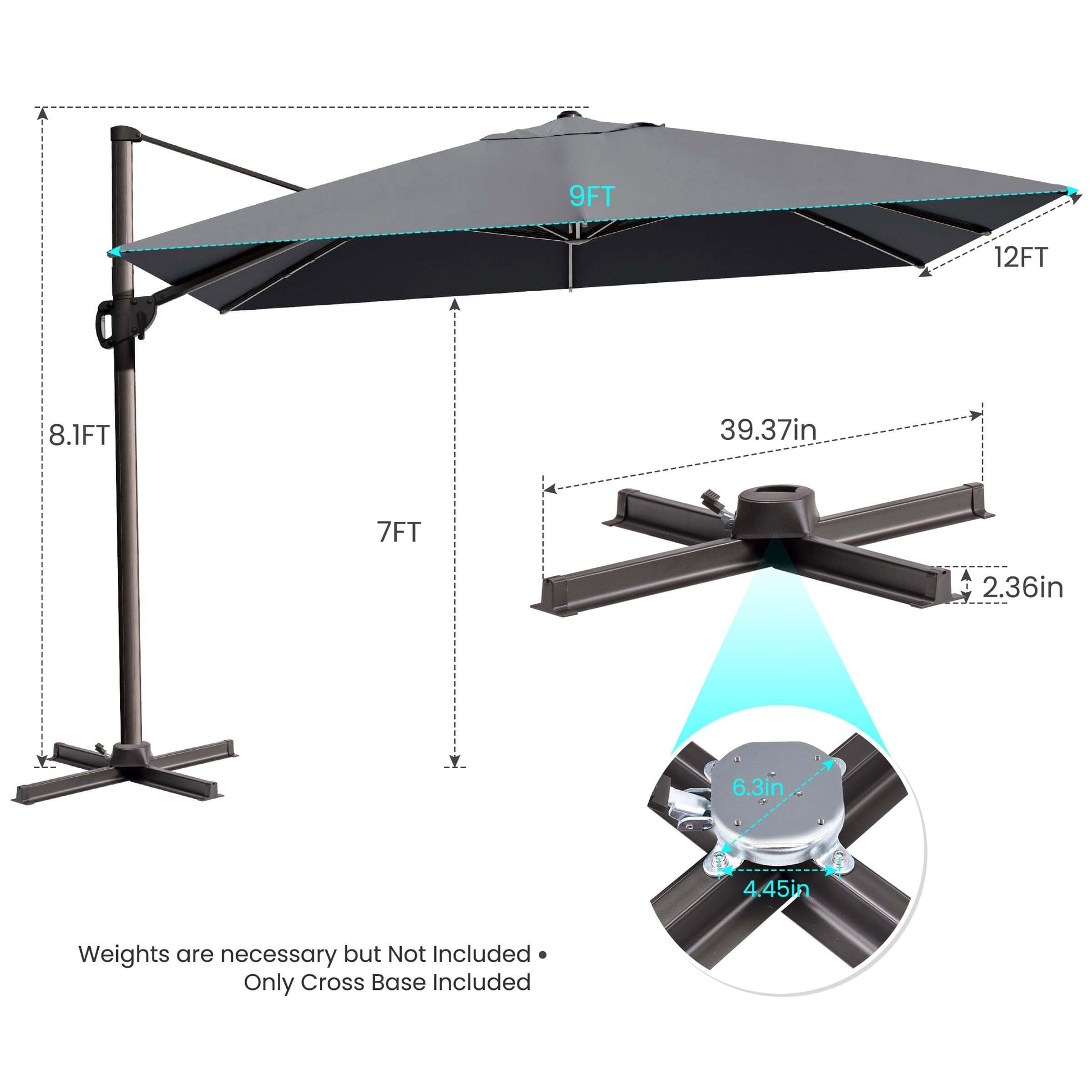 12x9 FT grey rectangular cantilever umbrella & cross base dimensions.