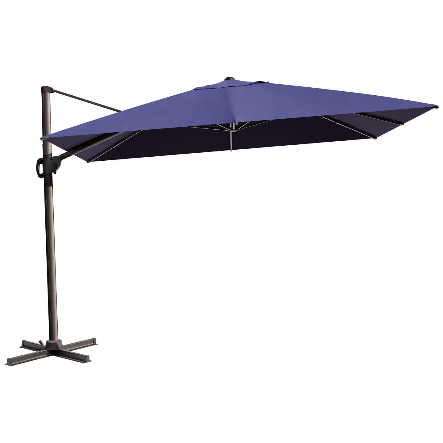 Navy blue rectangular cantilever umbrella with cross base.