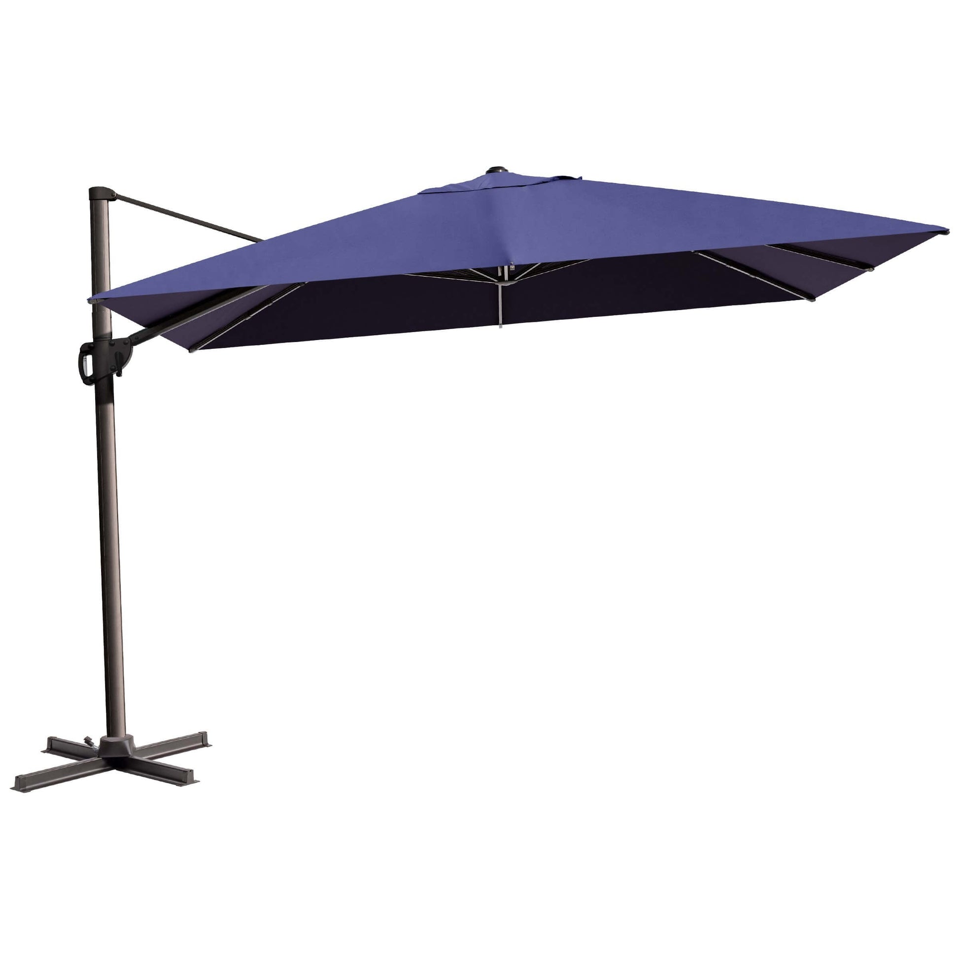 Navy blue rectangular cantilever umbrella with cross base.