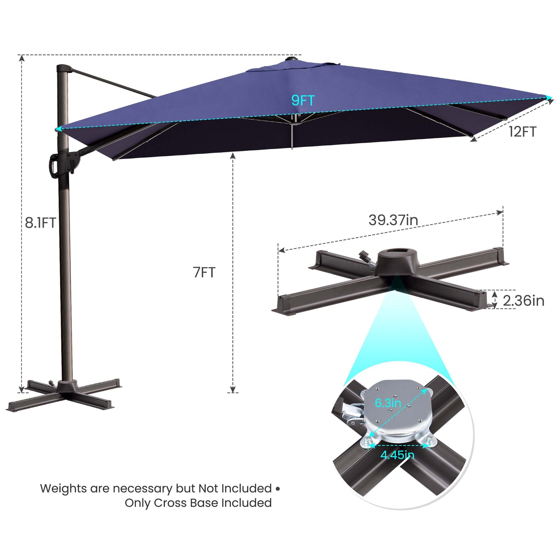 12x9 FT navy blue rectangular cantilever umbrella & cross base dimensions.