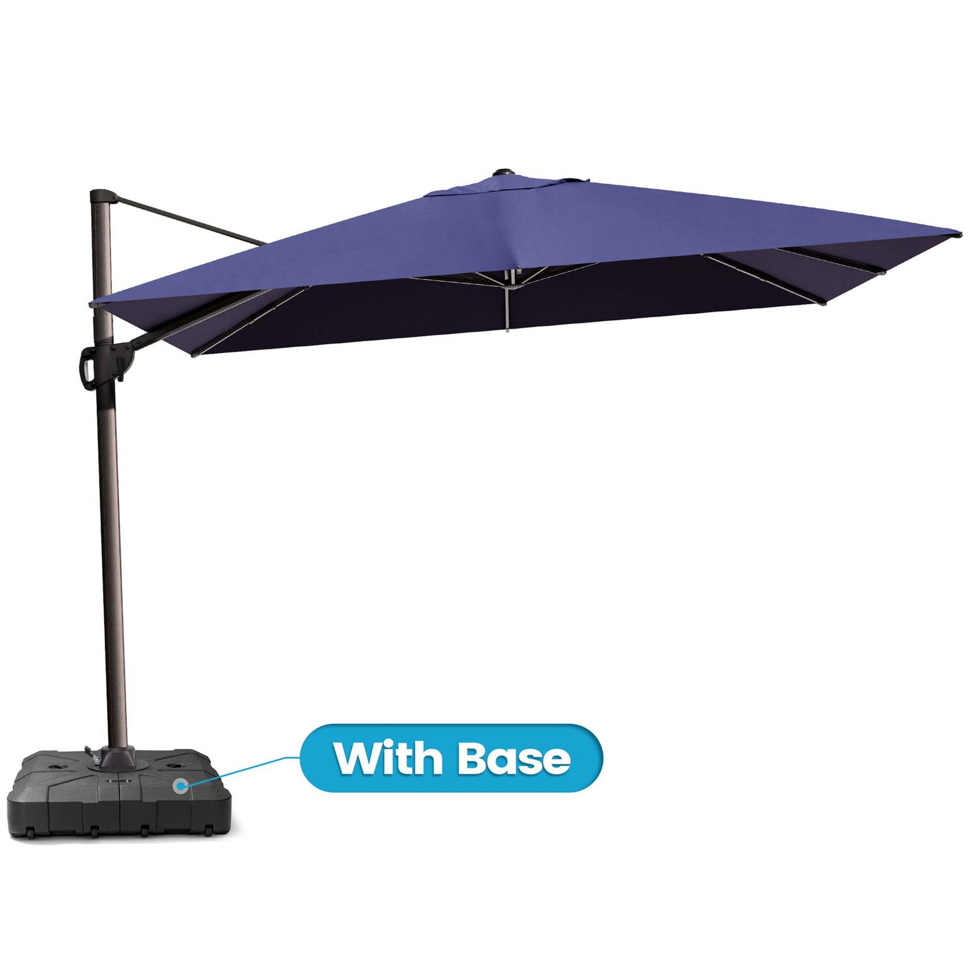 Navy blue rectangular cantilever umbrella with weighted base.