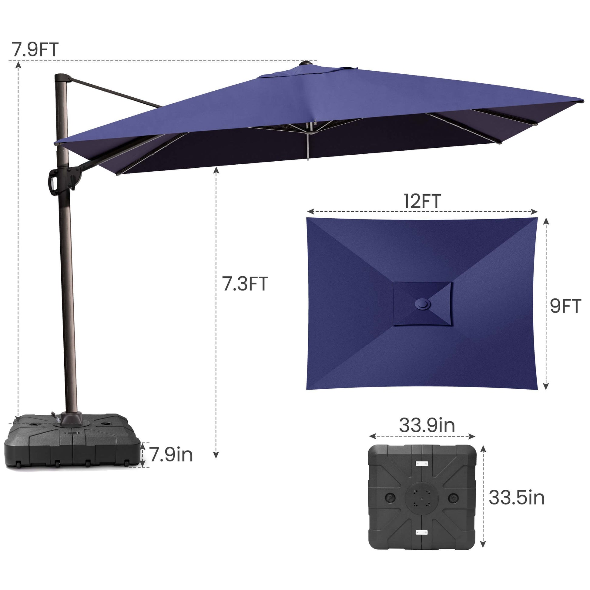 12x9 FT navy blue rectangular cantilever umbrella & weighted base dimensions.