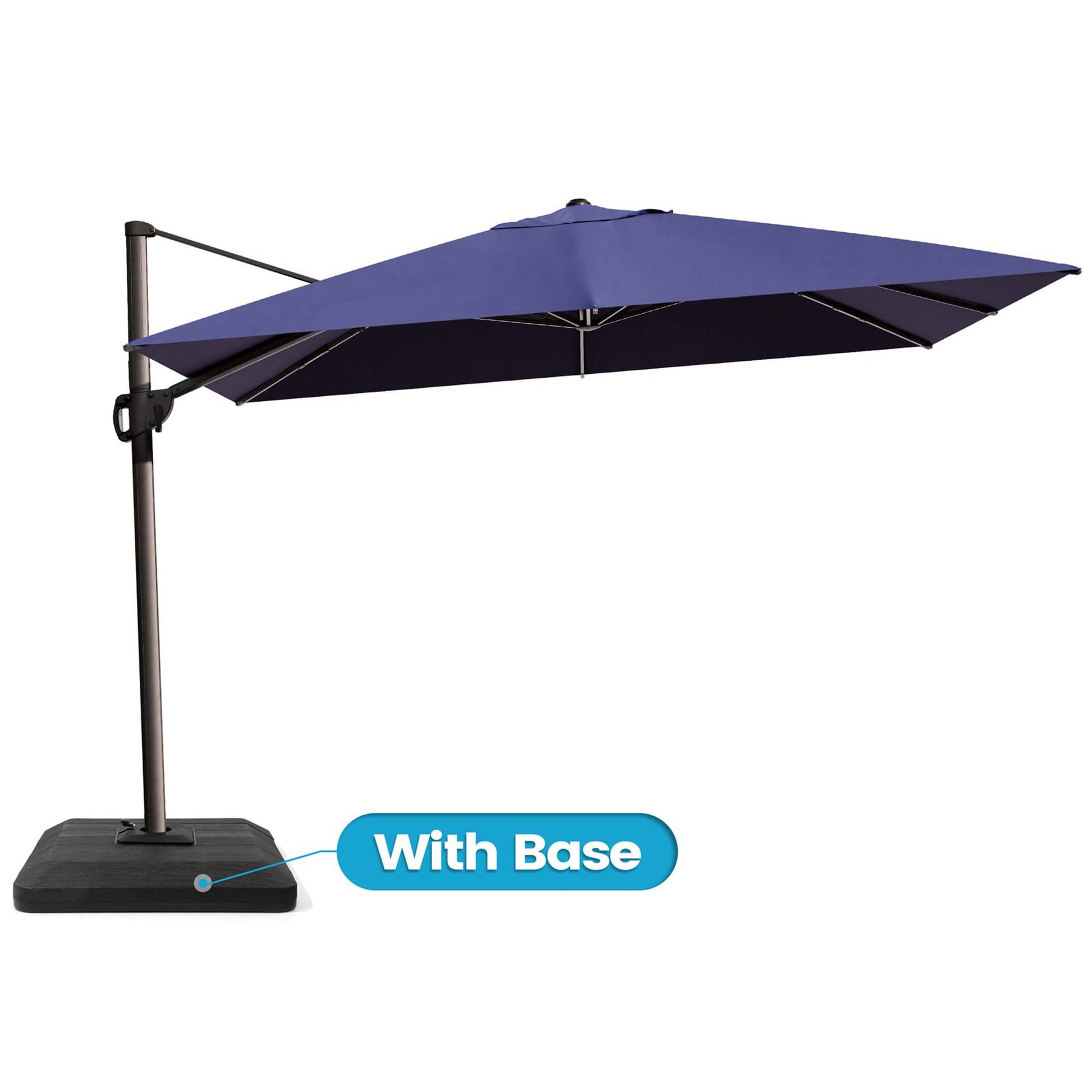 Navy blue rectangular cantilever umbrella with weighted base.