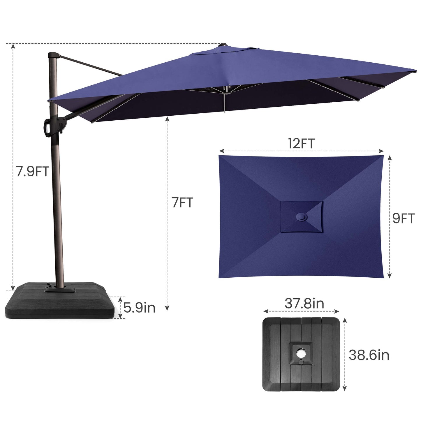 12x9 FT navy blue rectangular cantilever umbrella & weighted base dimensions.