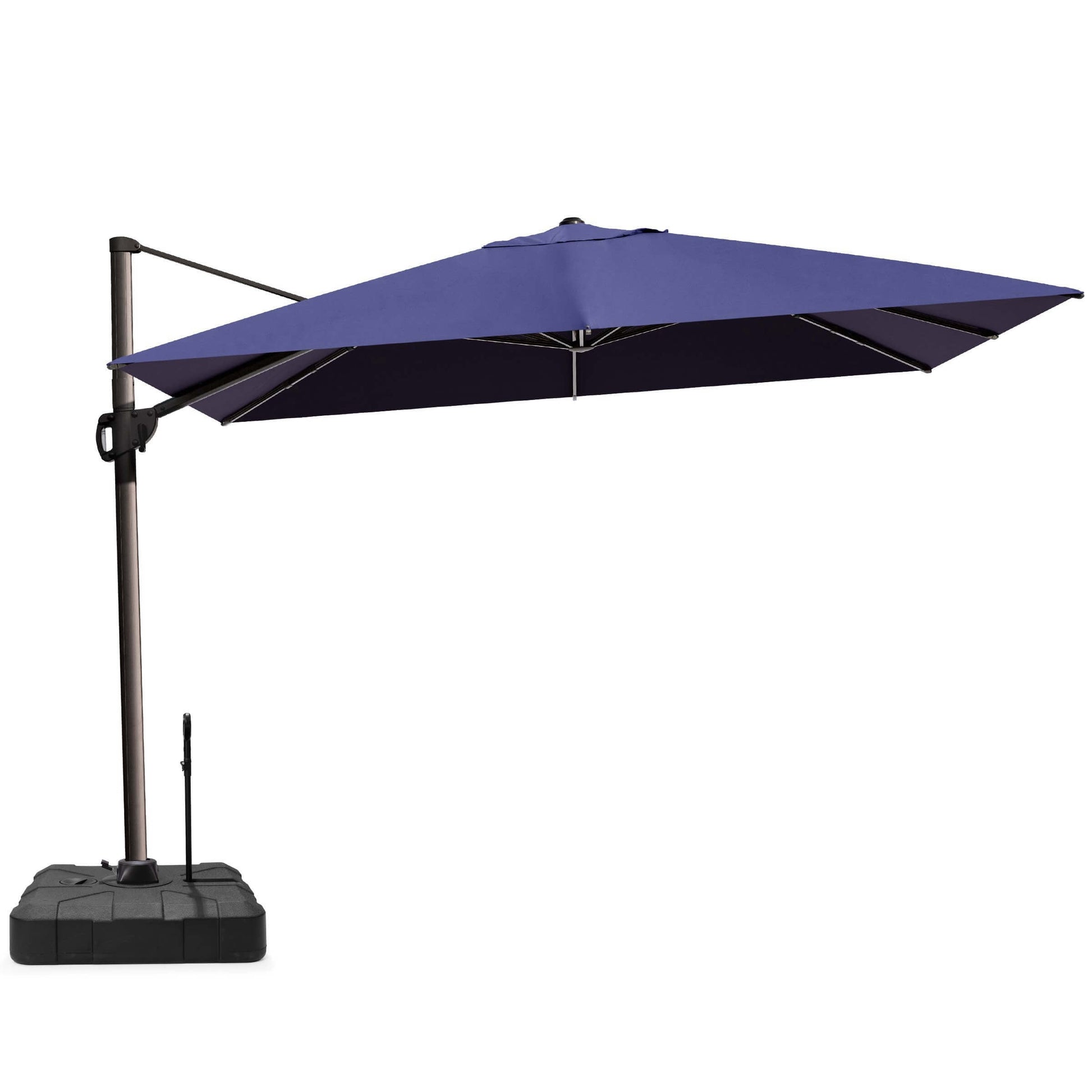 Navy blue rectangular cantilever umbrella with pull-rod base.